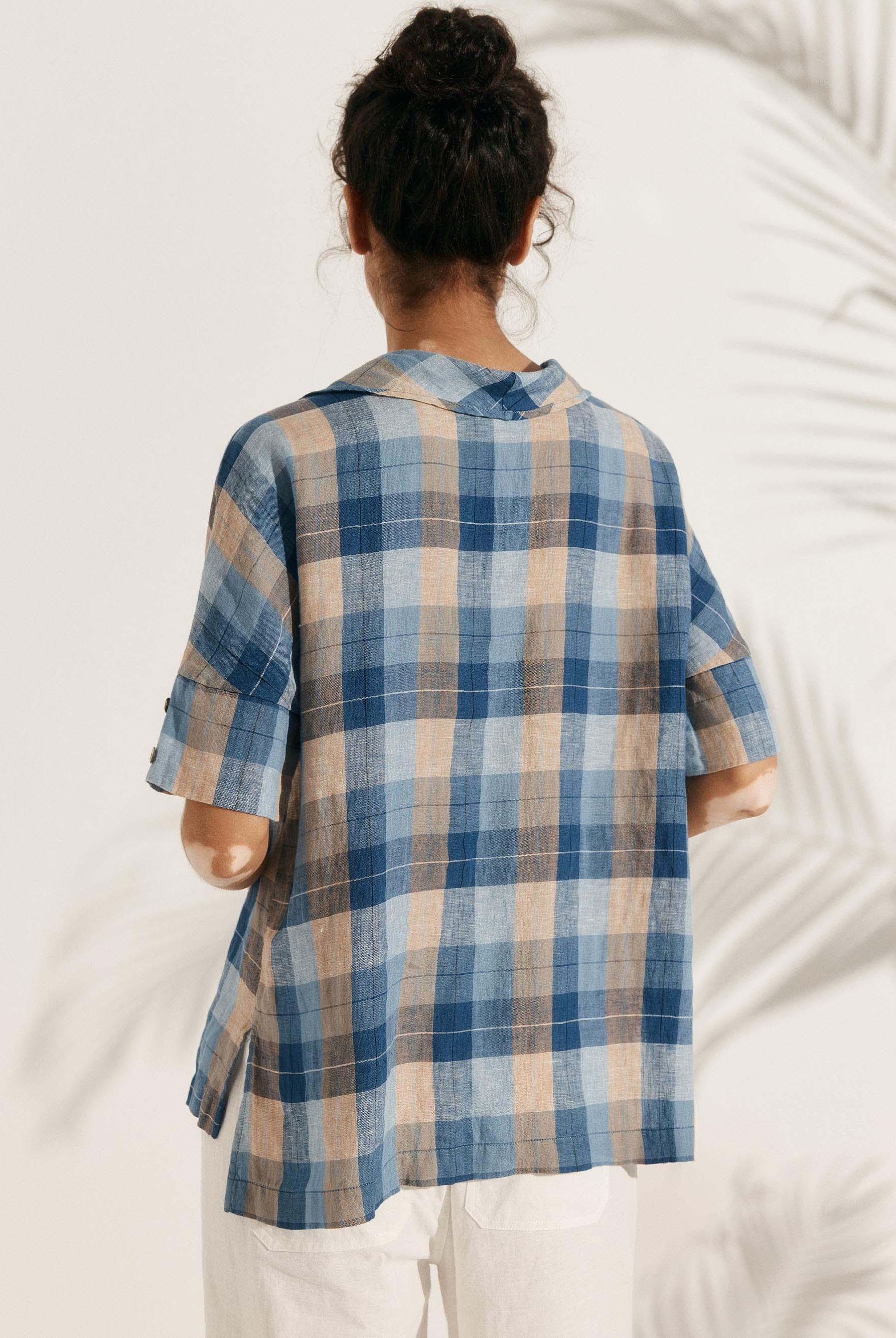 Linen V Neck Short Sleeve Shirt - TOPS-Linen Blouses