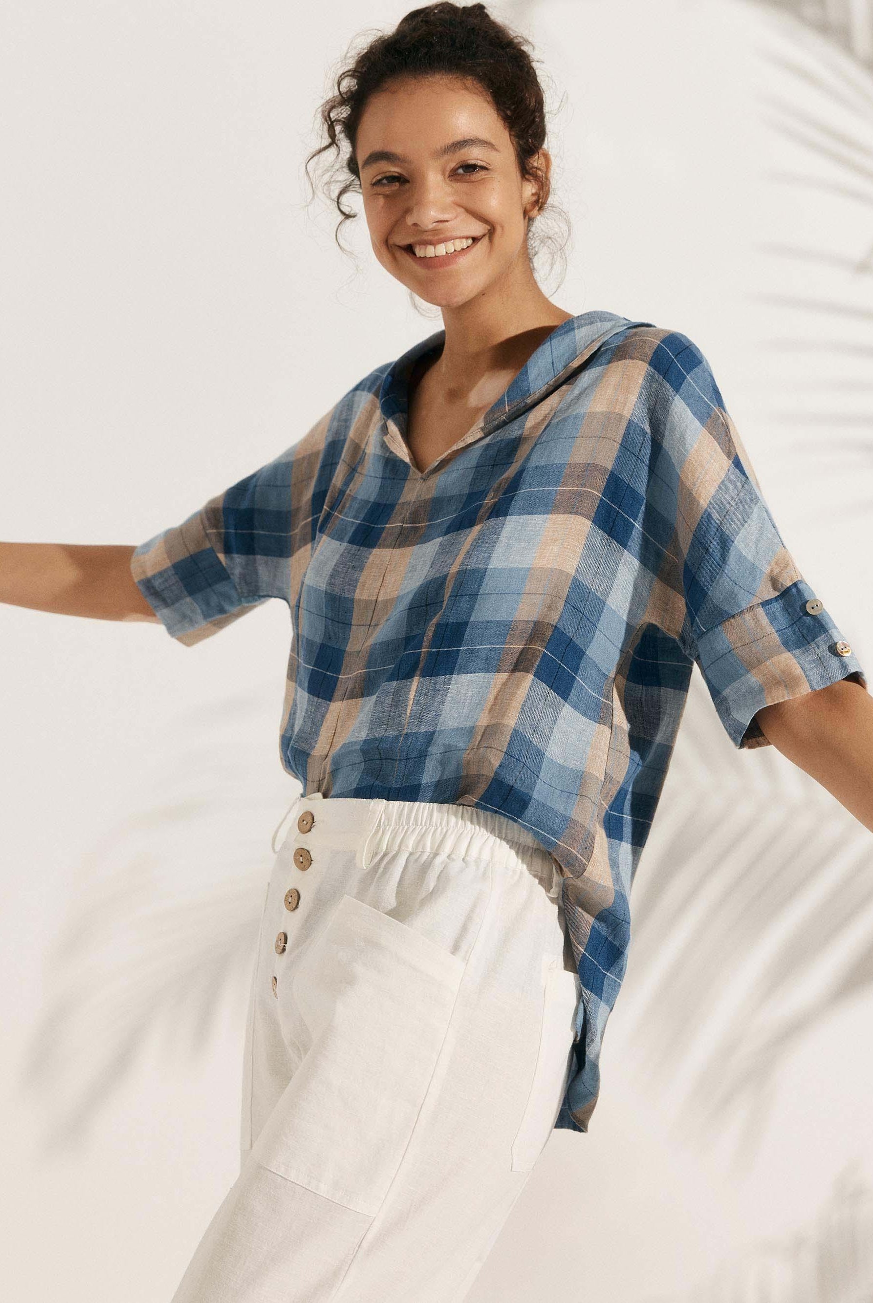 100% Linen V-Neck Short Sleeve Shirt SIERRA - TOPS-Linen Blouses