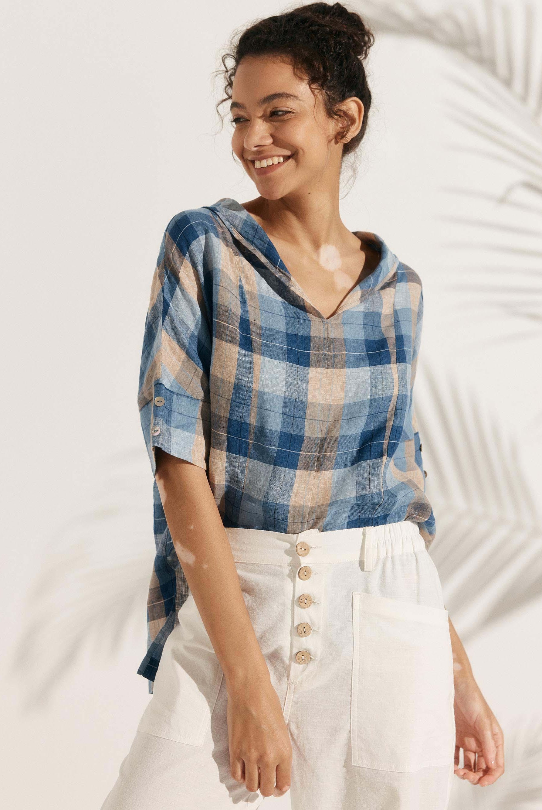 Linen V Neck Short Sleeve Shirt - TOPS-Linen Blouses