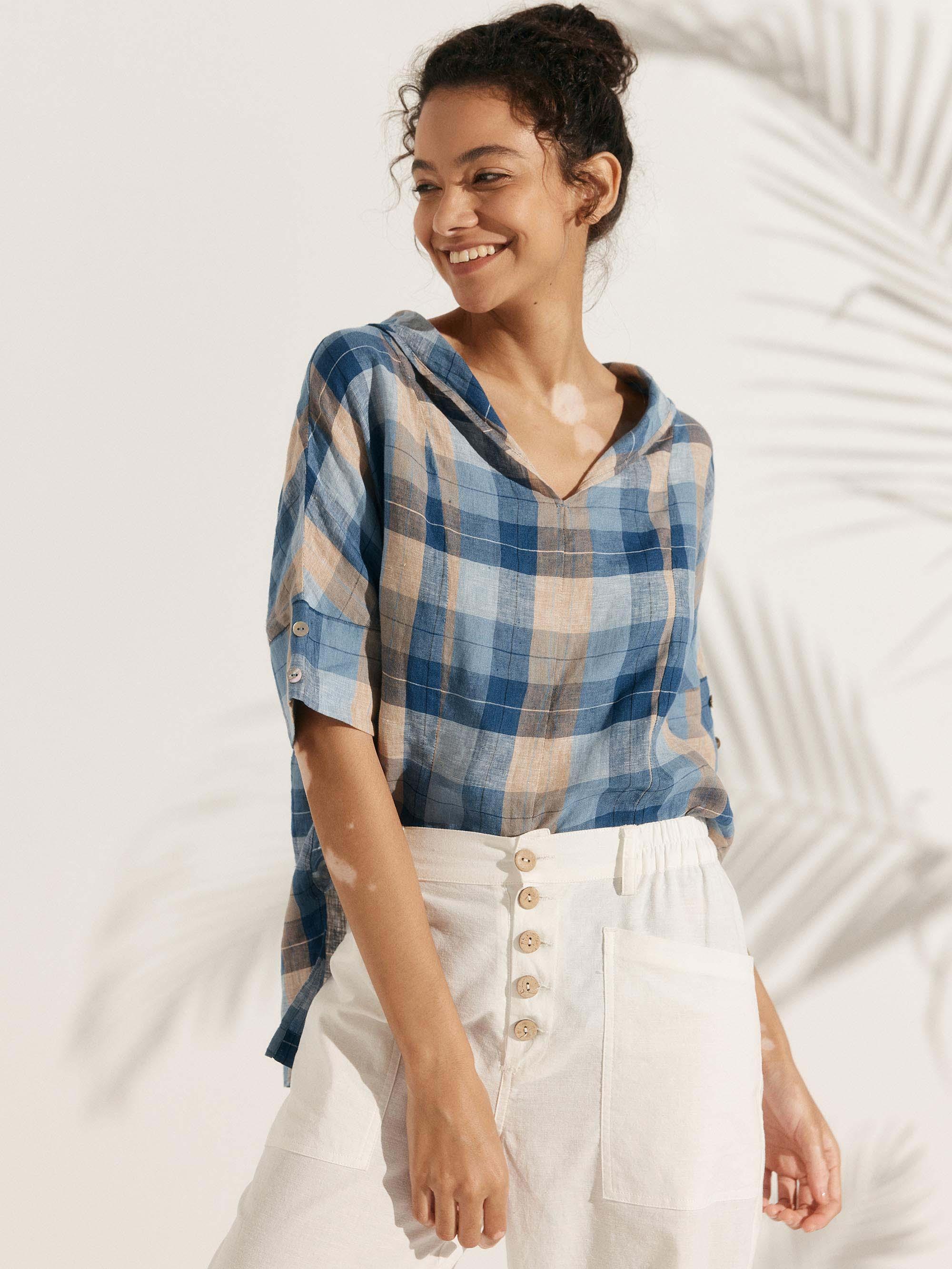 Linen V Neck Short Sleeve Shirt - TOPS-Linen Blouses