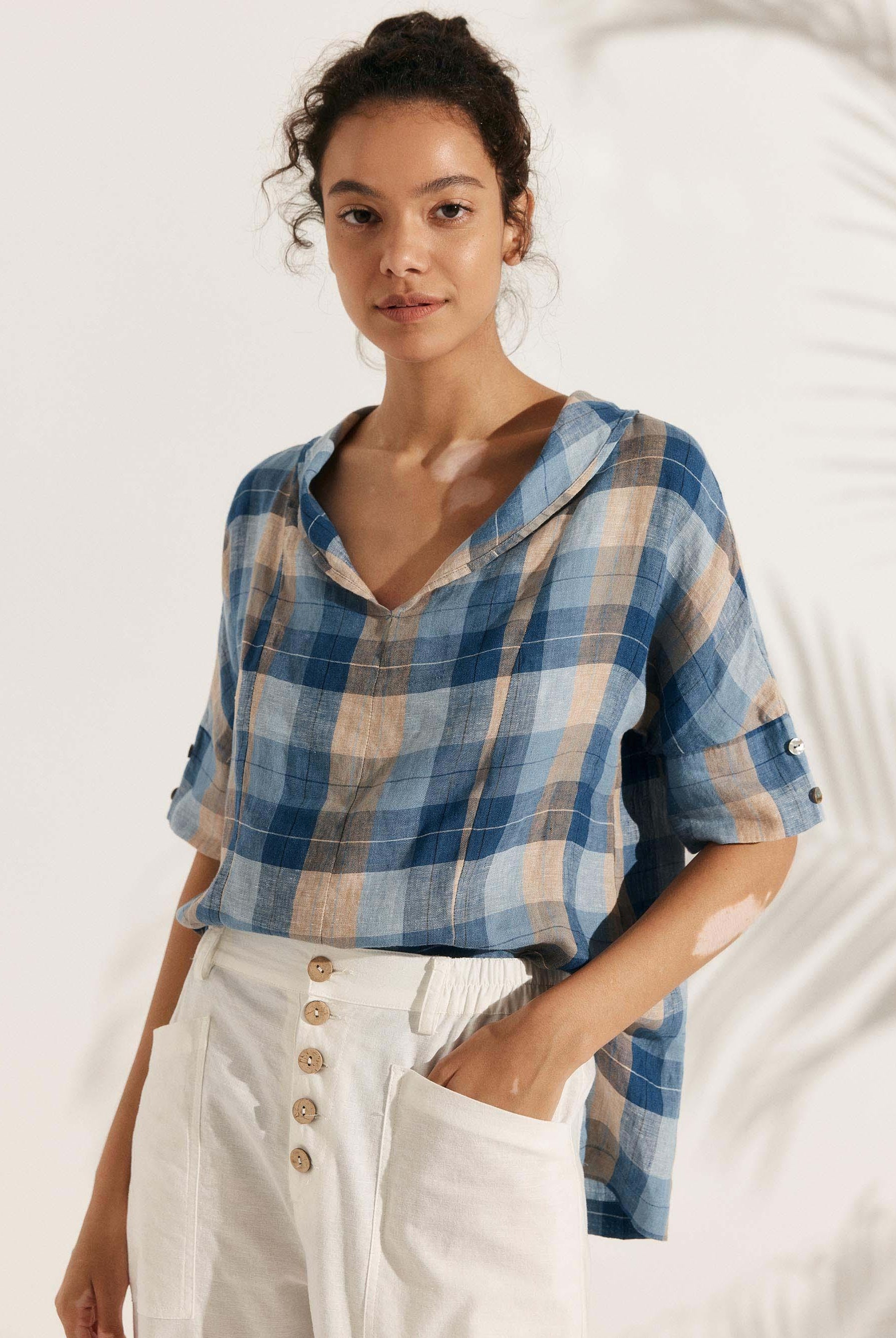 100% Linen V-Neck Short Sleeve Shirt SIERRA - Ocean Sunset Plaid / XS - TOPS-Linen Blouses
