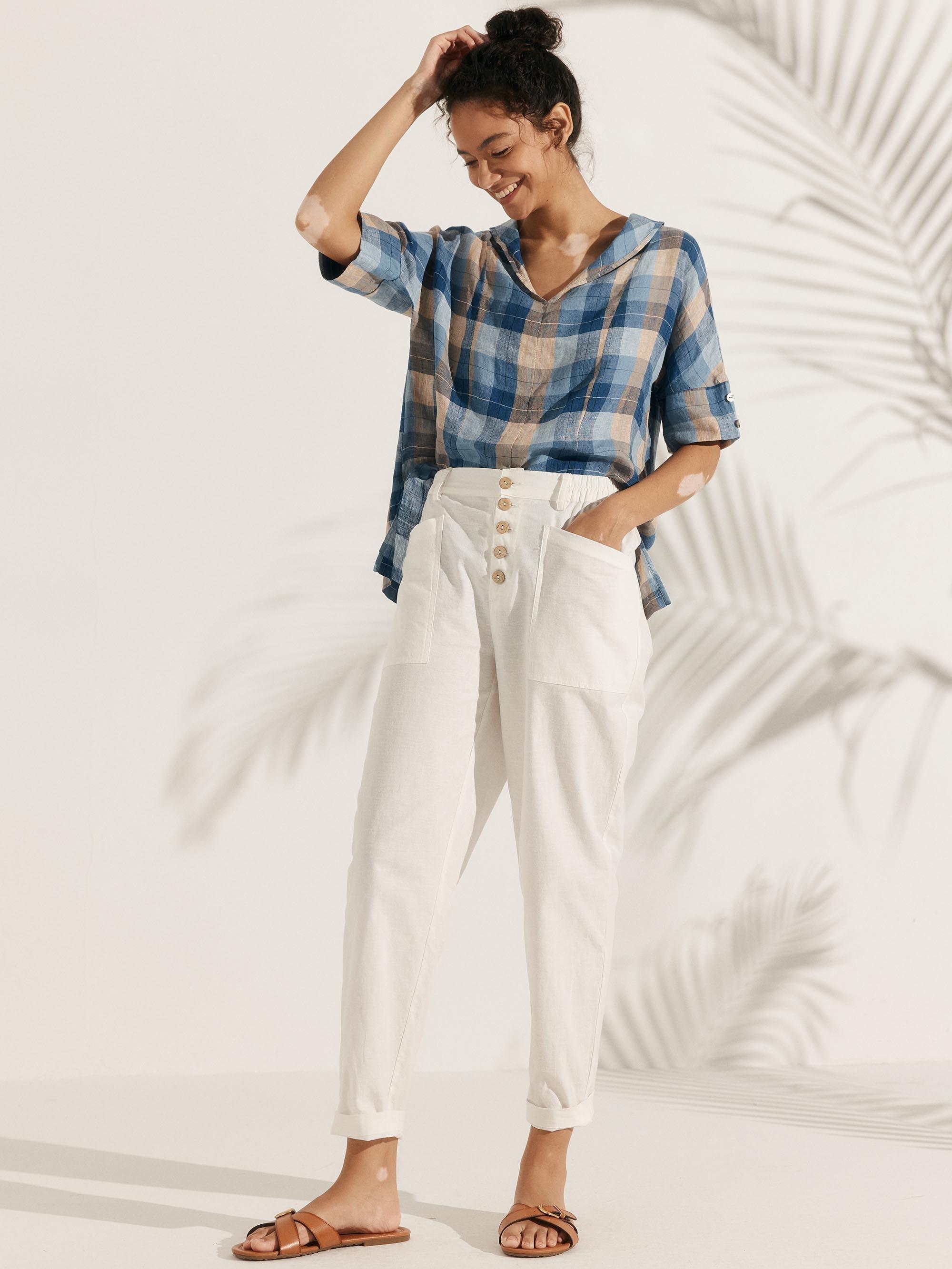 Linen V Neck Short Sleeve Shirt - TOPS-Linen Blouses