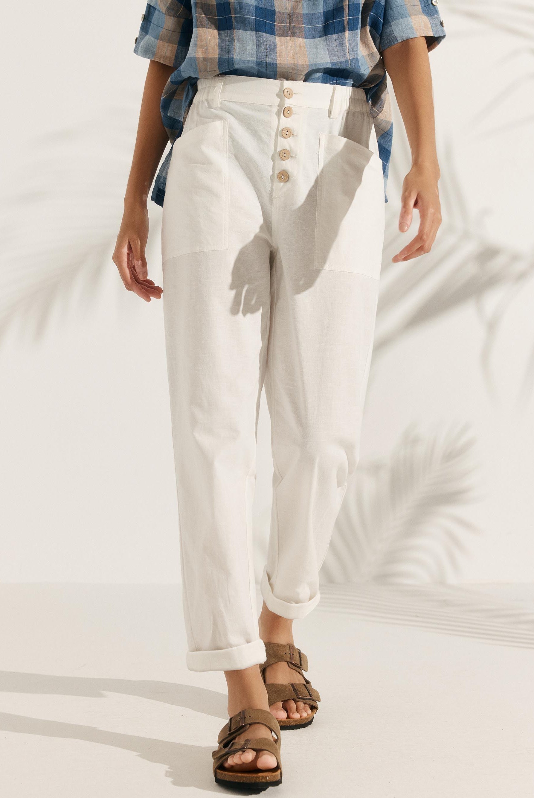 Linen Simple Button Fly Trousers HEIDI - Optic White / XS - BOTTOMS-Linen Pants
