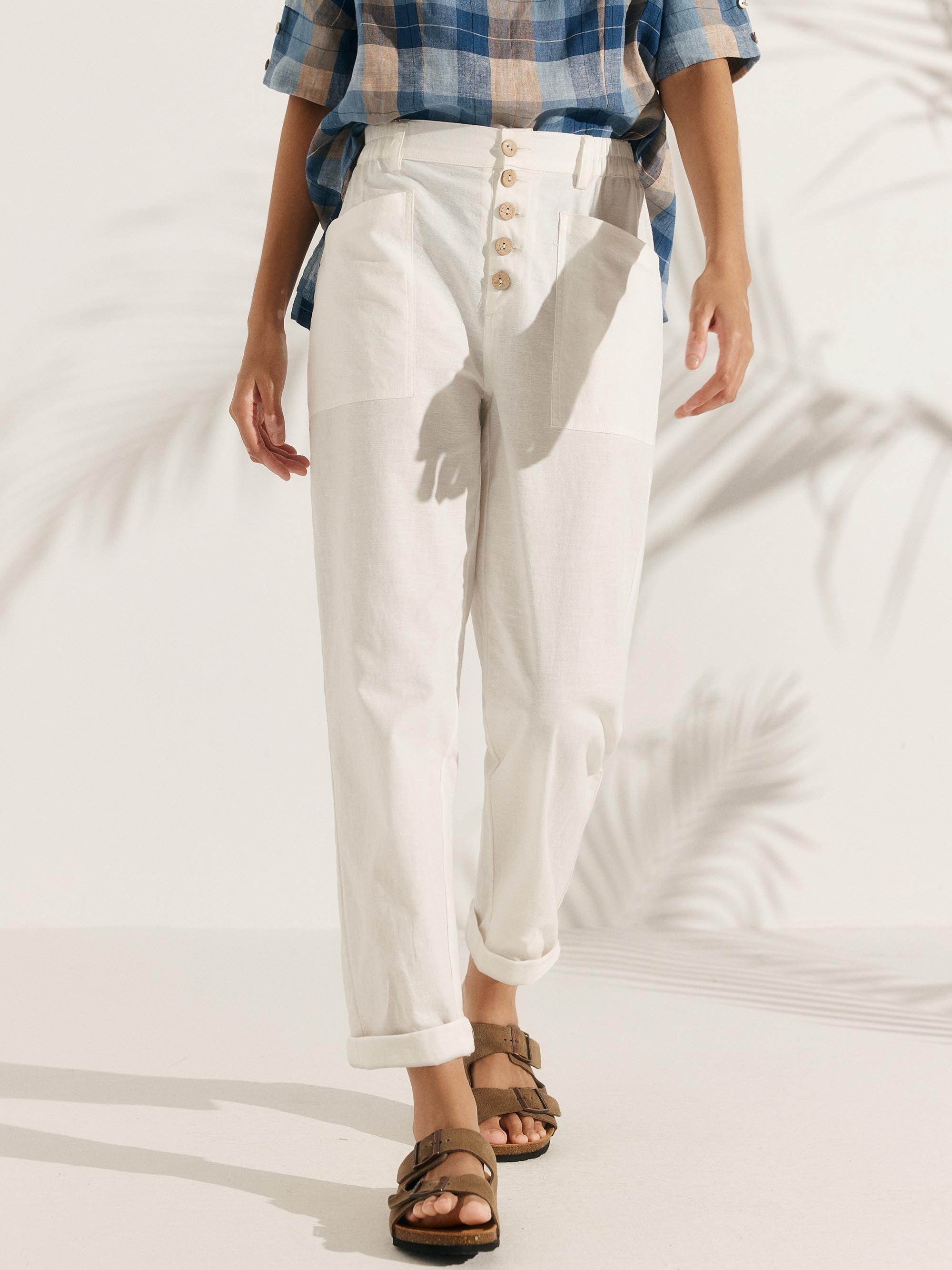 Linen Simple Button Fly Trousers HEIDI - Optic White / XS - BOTTOMS-Linen Pants