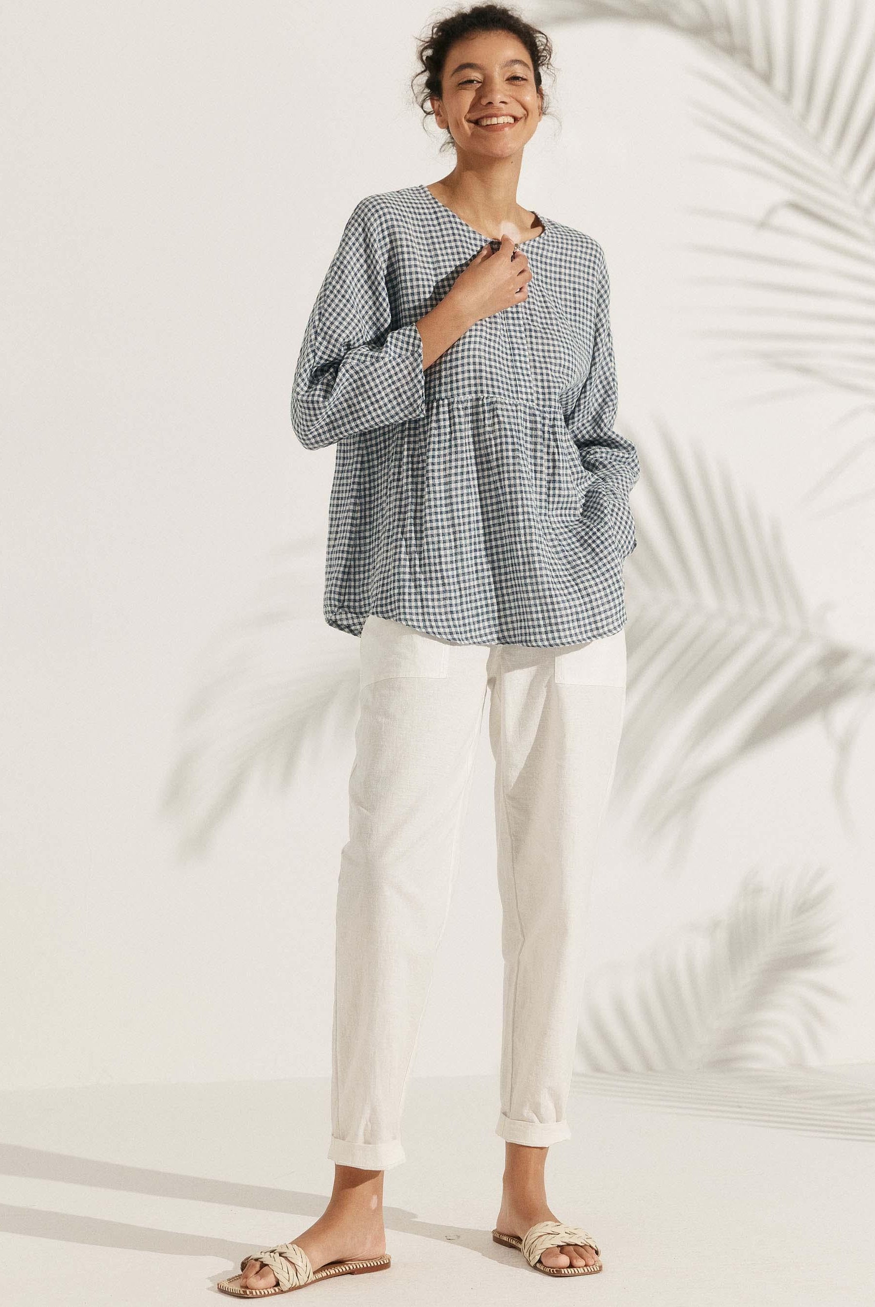 Linen Checked Long-Sleeved Top - TOPS-Linen Blouses