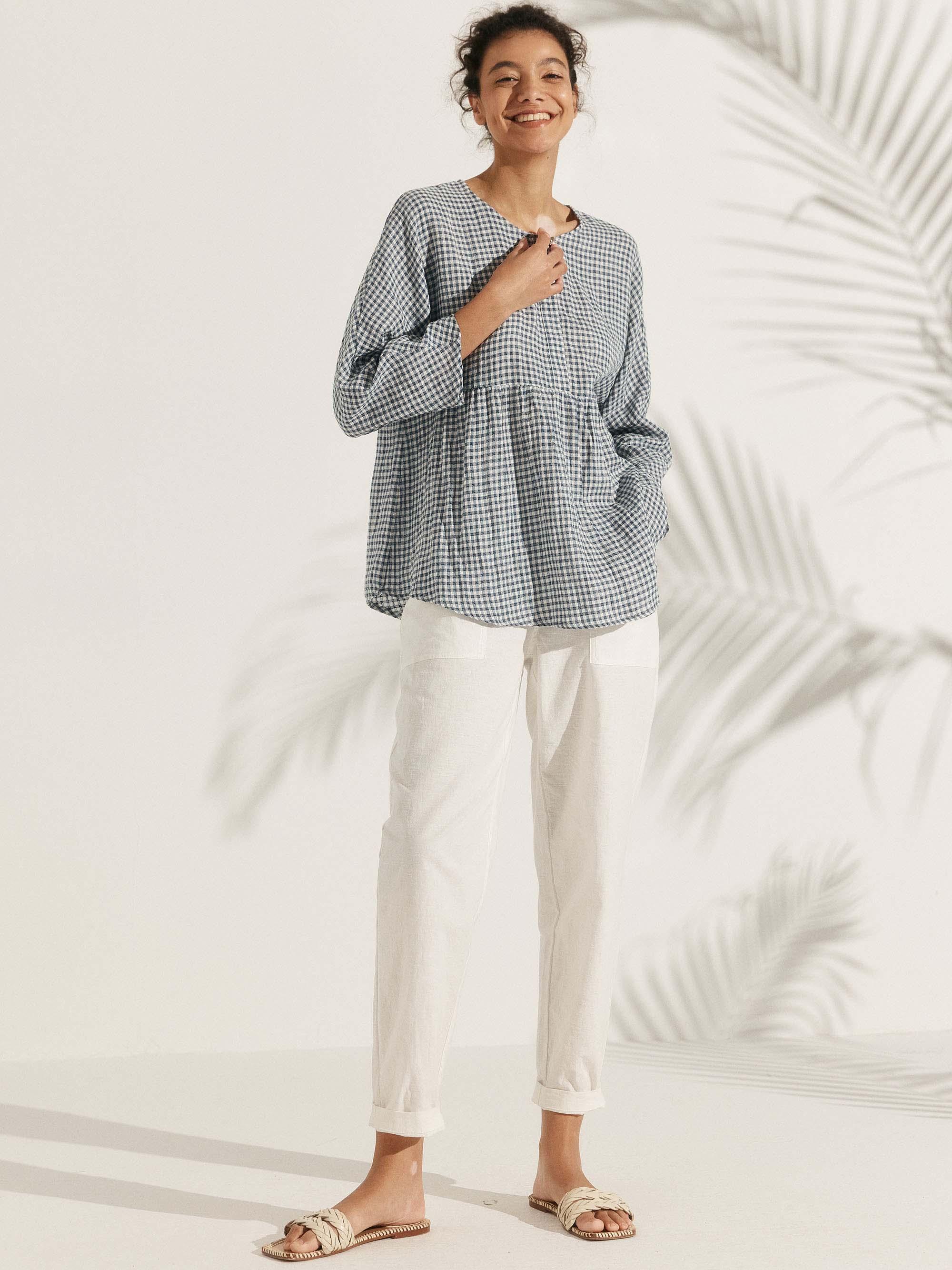 Linen Checked Long-Sleeved Top - TOPS-Linen Blouses