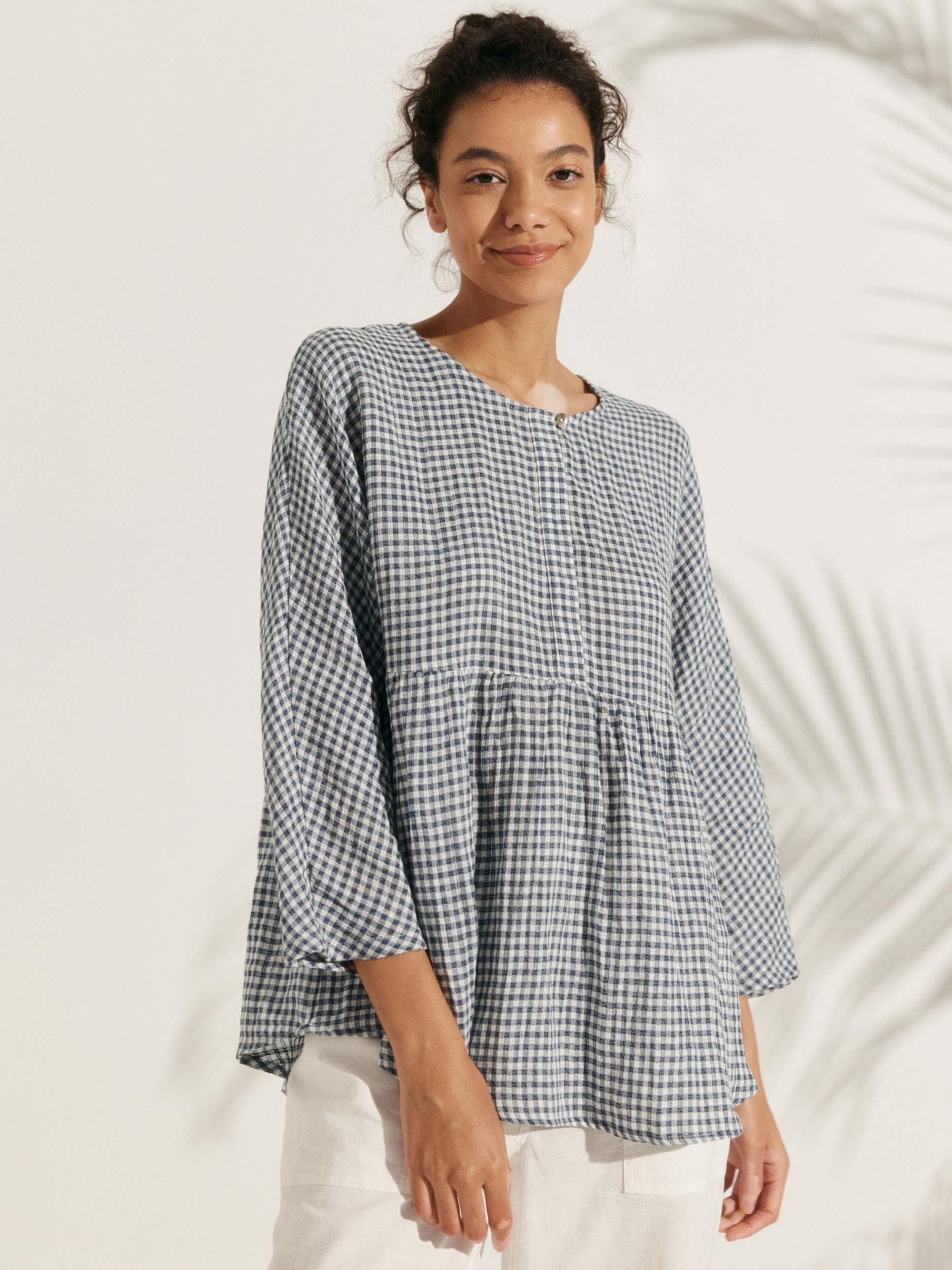 Linen Checked Long-Sleeved Top - TOPS-Linen Blouses