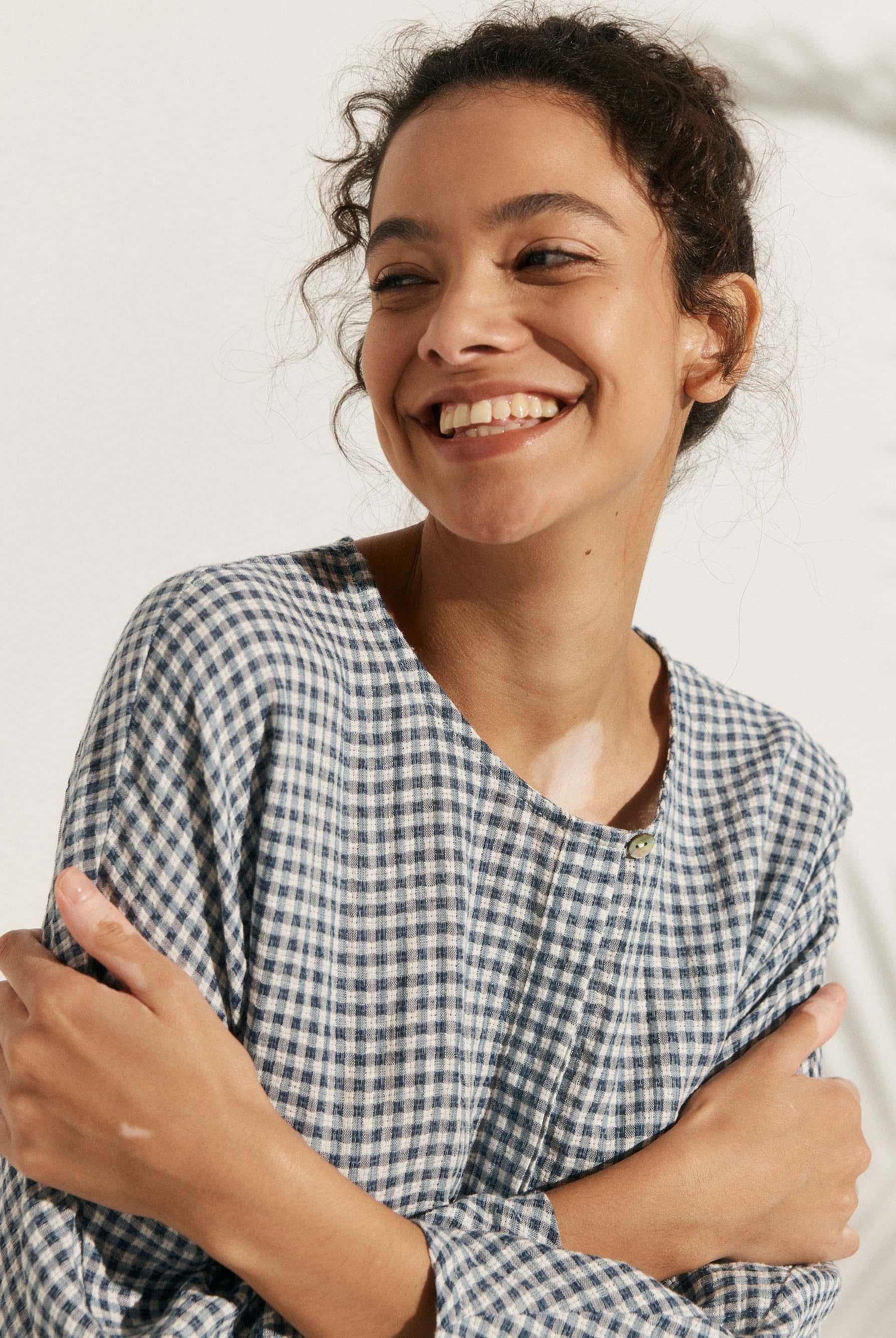 Linen Checked Long-Sleeved Top - TOPS-Linen Blouses