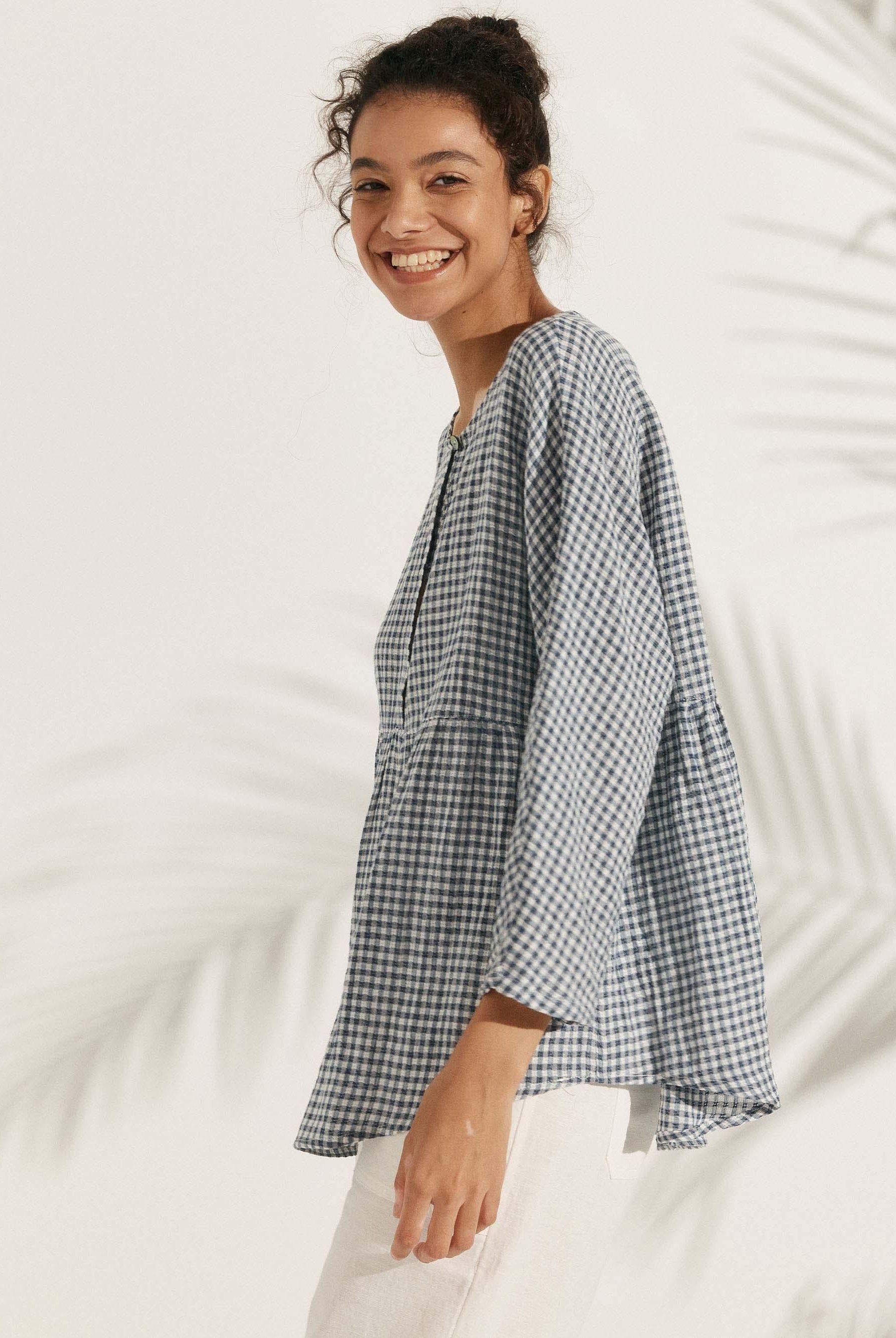 Linen Checked Long-Sleeved Top - TOPS-Linen Blouses