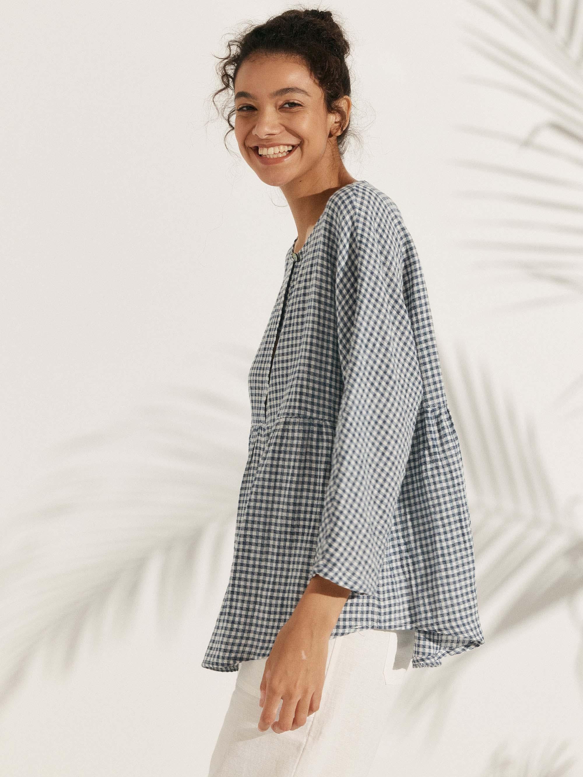 Linen Checked Long-Sleeved Top - TOPS-Linen Blouses