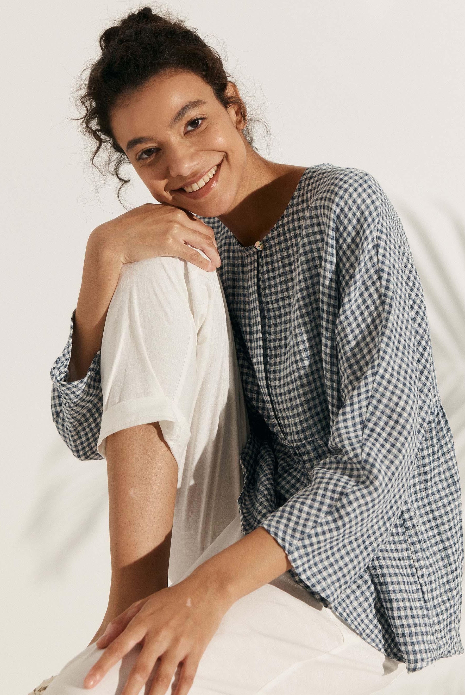 Linen Checked Long-Sleeved Top - TOPS-Linen Blouses