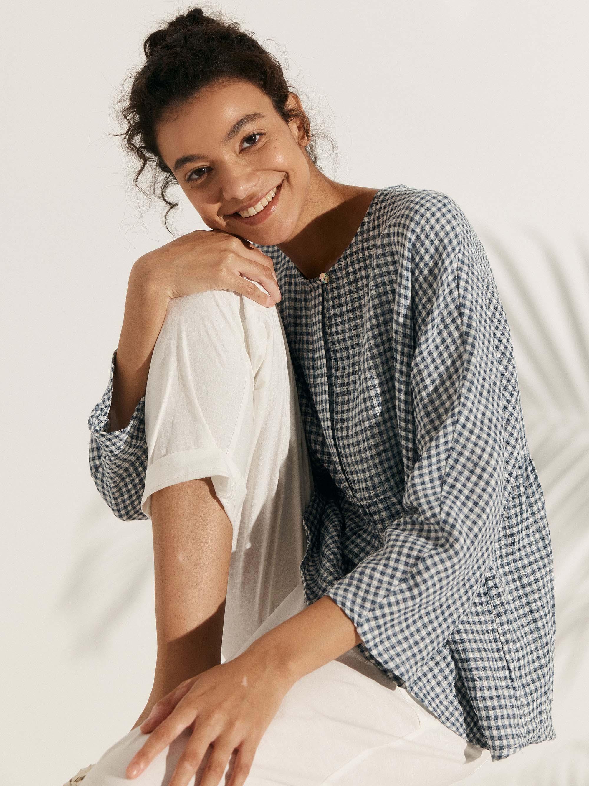 Linen Checked Long-Sleeved Top - TOPS-Linen Blouses