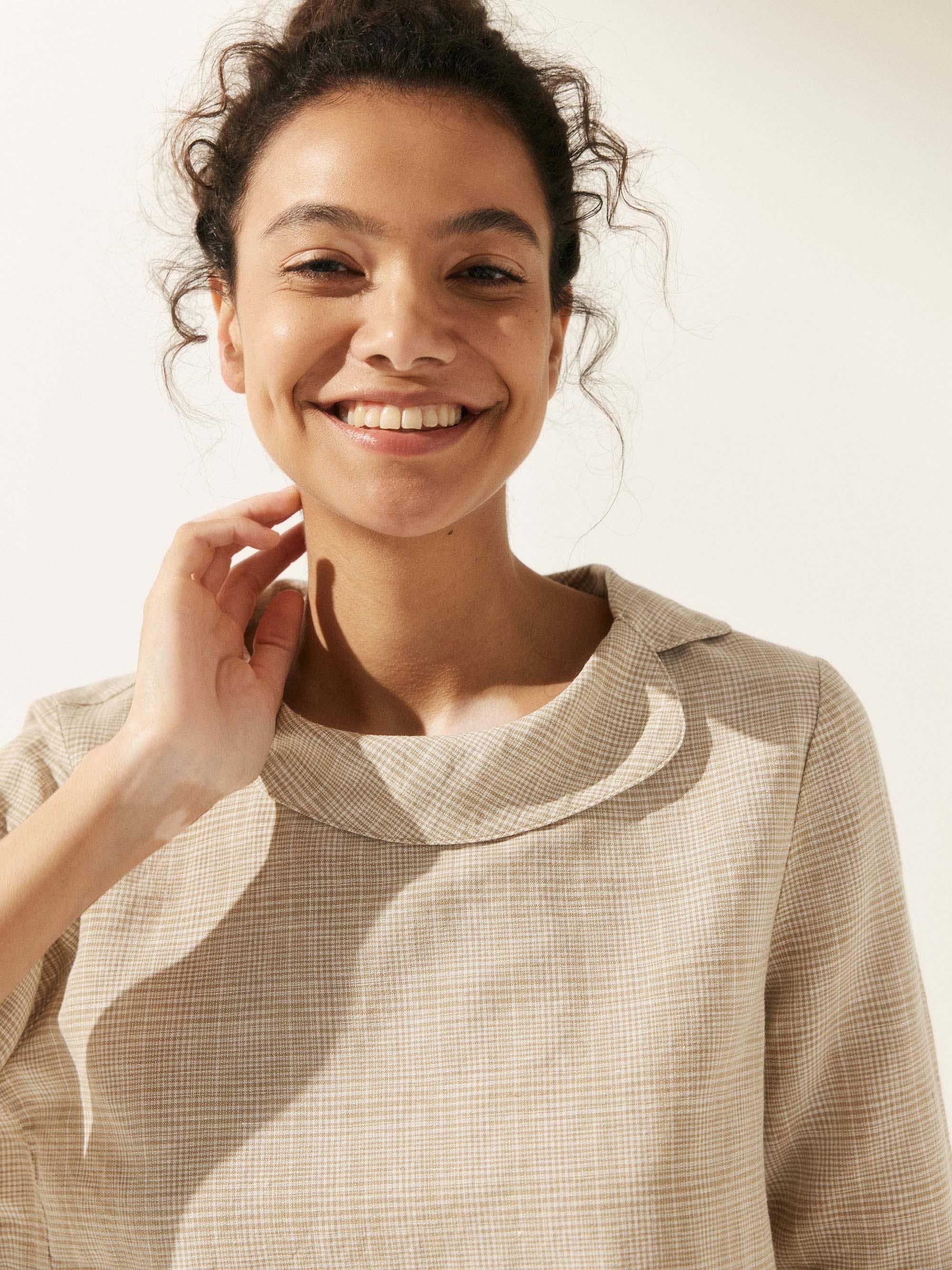 Linen Gingham Checked Round Soft-Fold Collar Top - TOPS-Linen Blouses