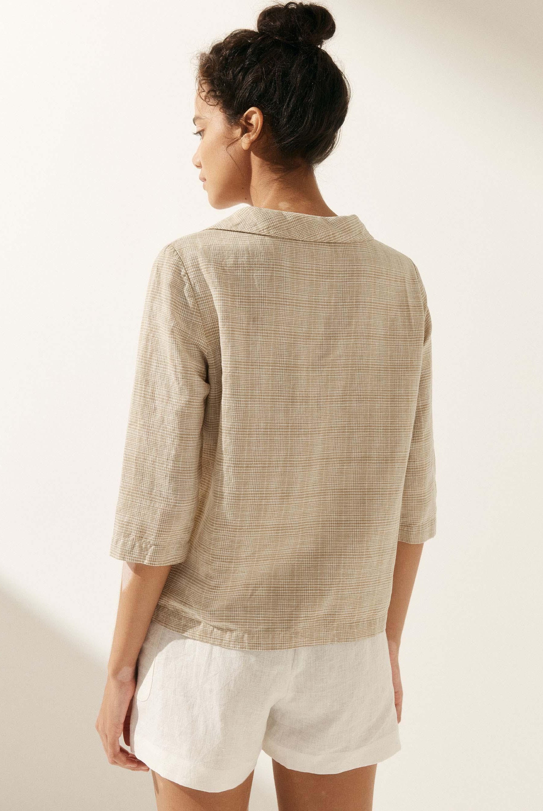 Linen Gingham Checked Round Soft-Fold Collar Top - TOPS-Linen Blouses