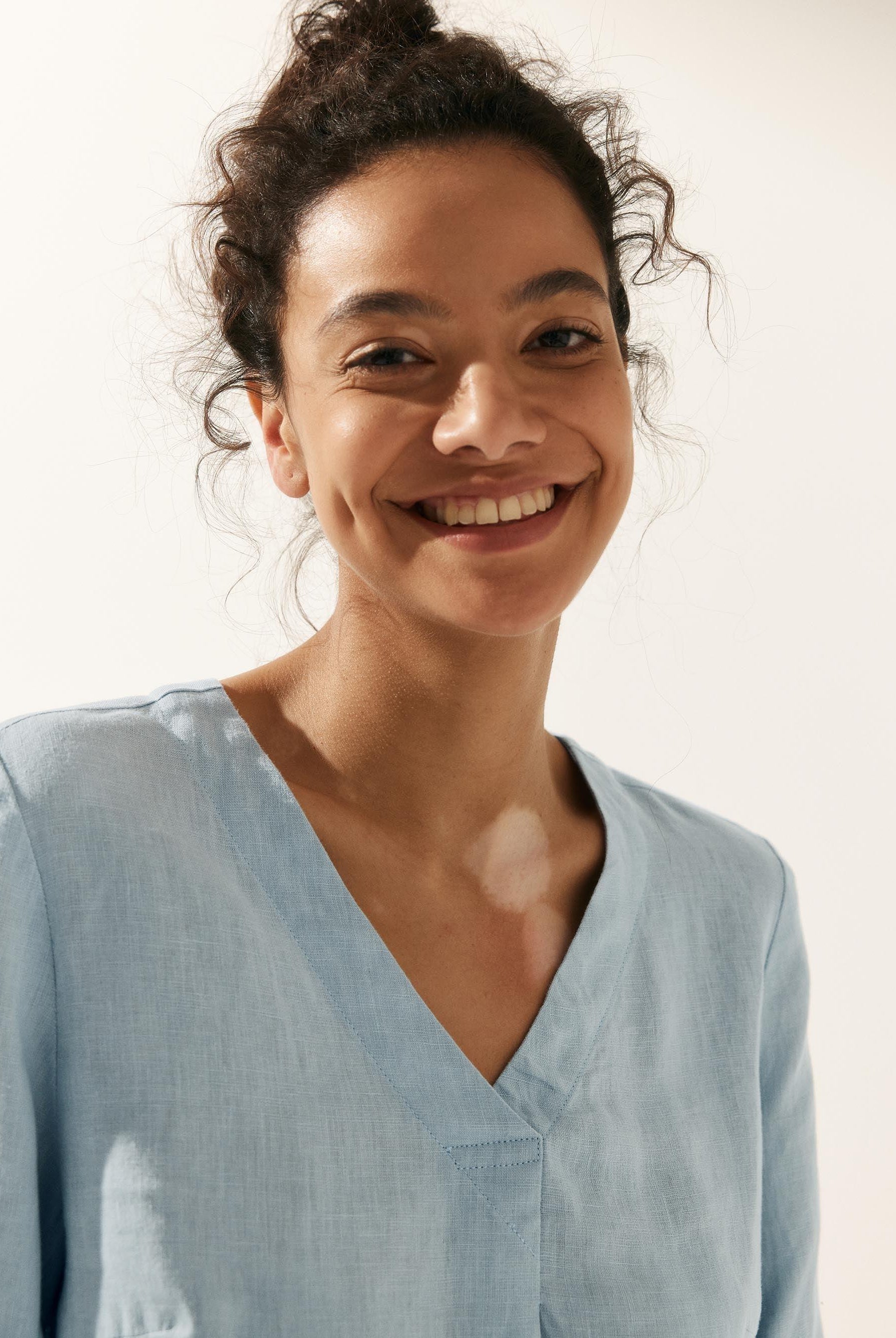 100% Linen Striped Puff Sleeves Top - TOPS-Linen Blouses