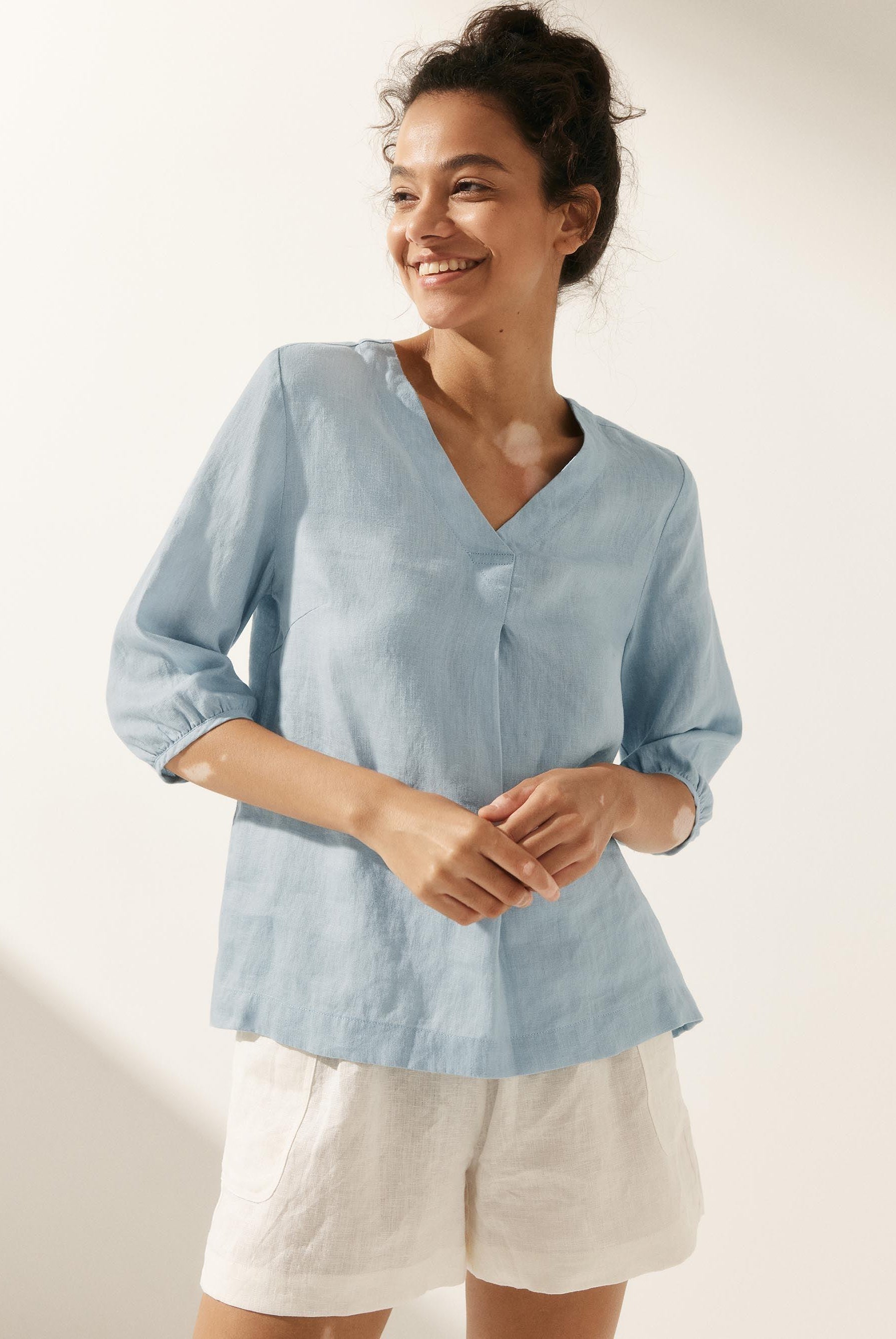 100% Linen Puff Sleeves Top - TOPS-Linen Blouses