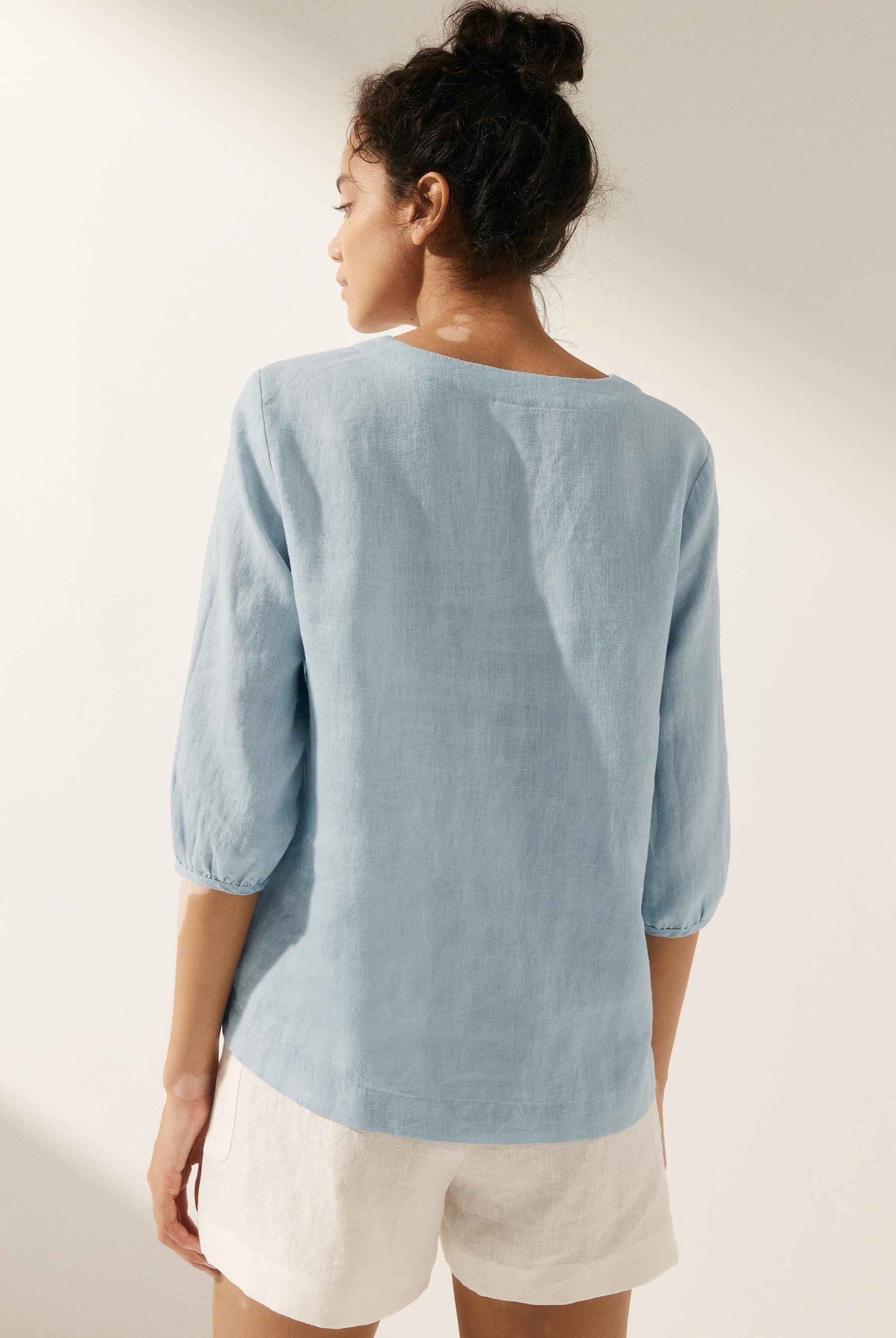 100% Linen Striped Puff Sleeves Top - TOPS-Linen Blouses