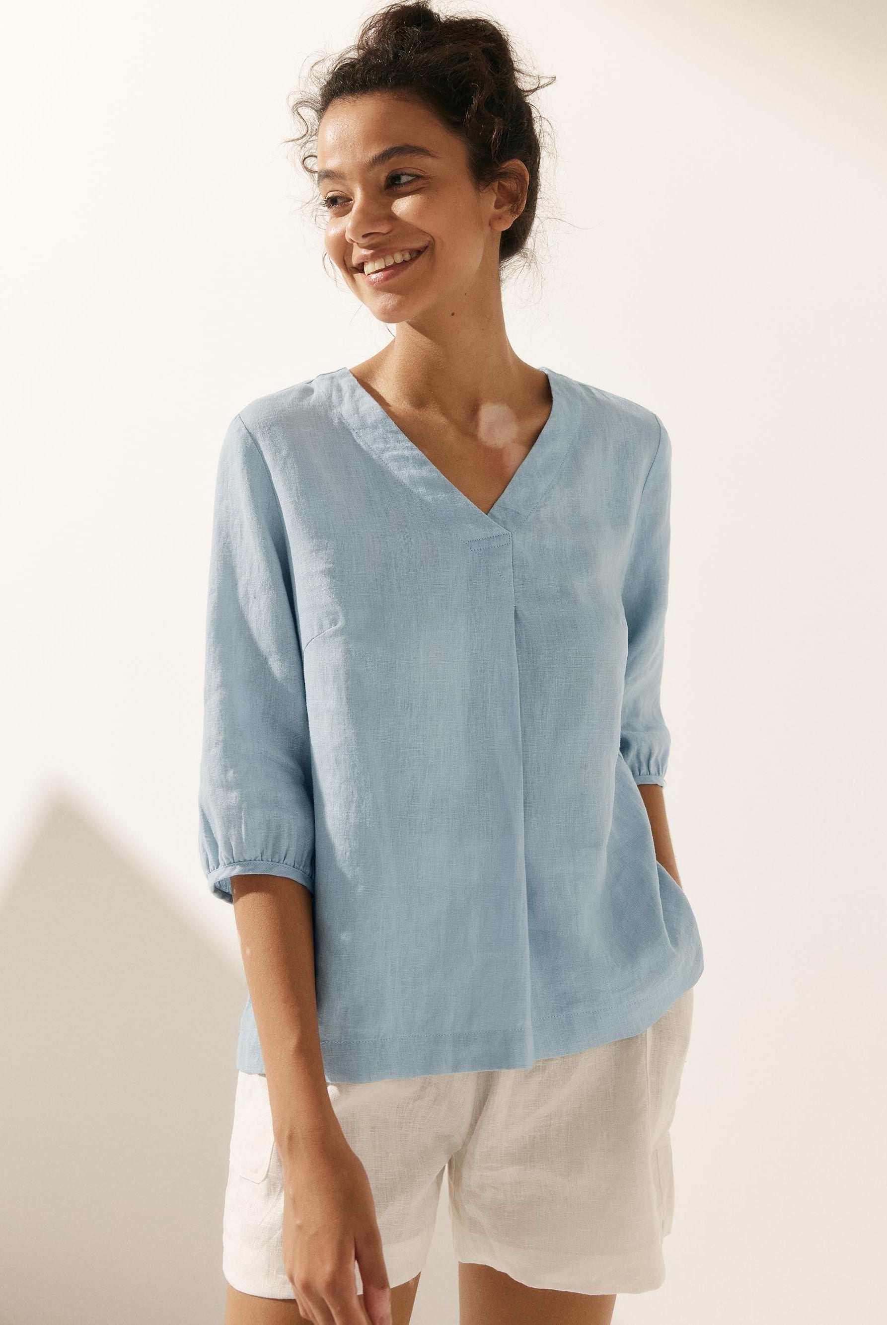 100% Linen Puff Sleeves Top - Ice Blue / S - TOPS-Linen Blouses