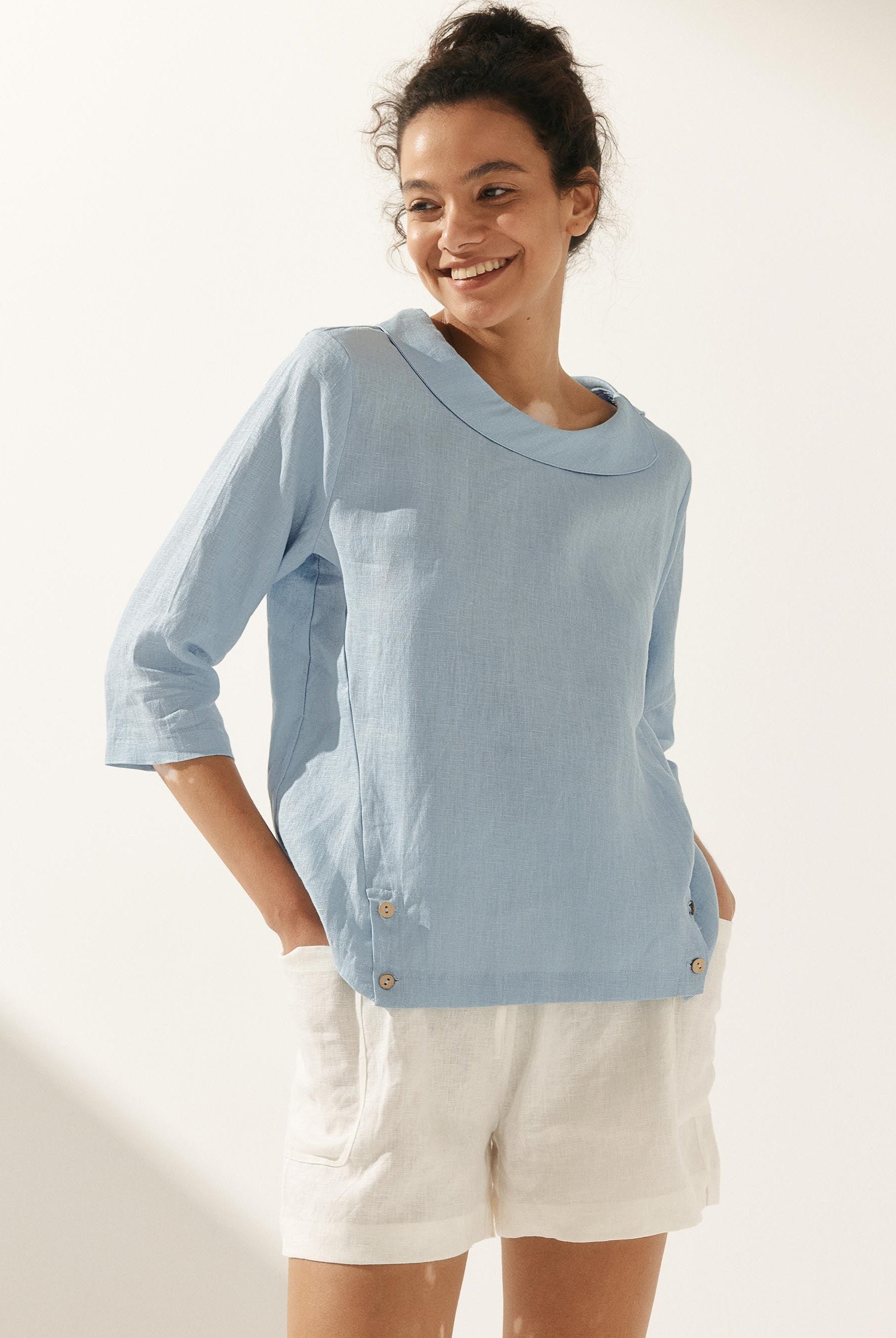 Linen Gingham Checked Round Soft-Fold Collar Top - Ice Blue / S - TOPS-Linen Blouses