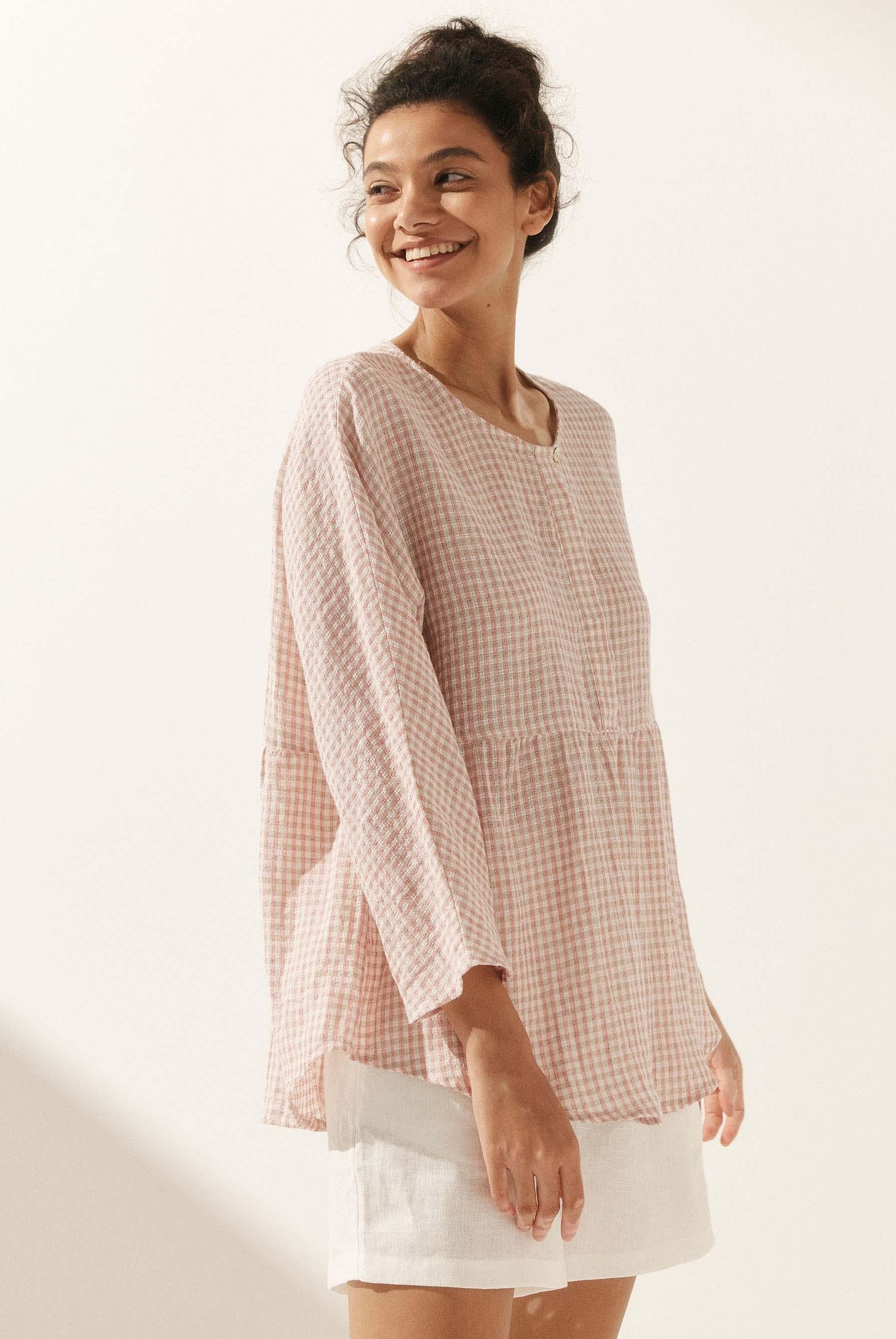 Linen Checked Long-Sleeved Top - TOPS-Linen Blouses