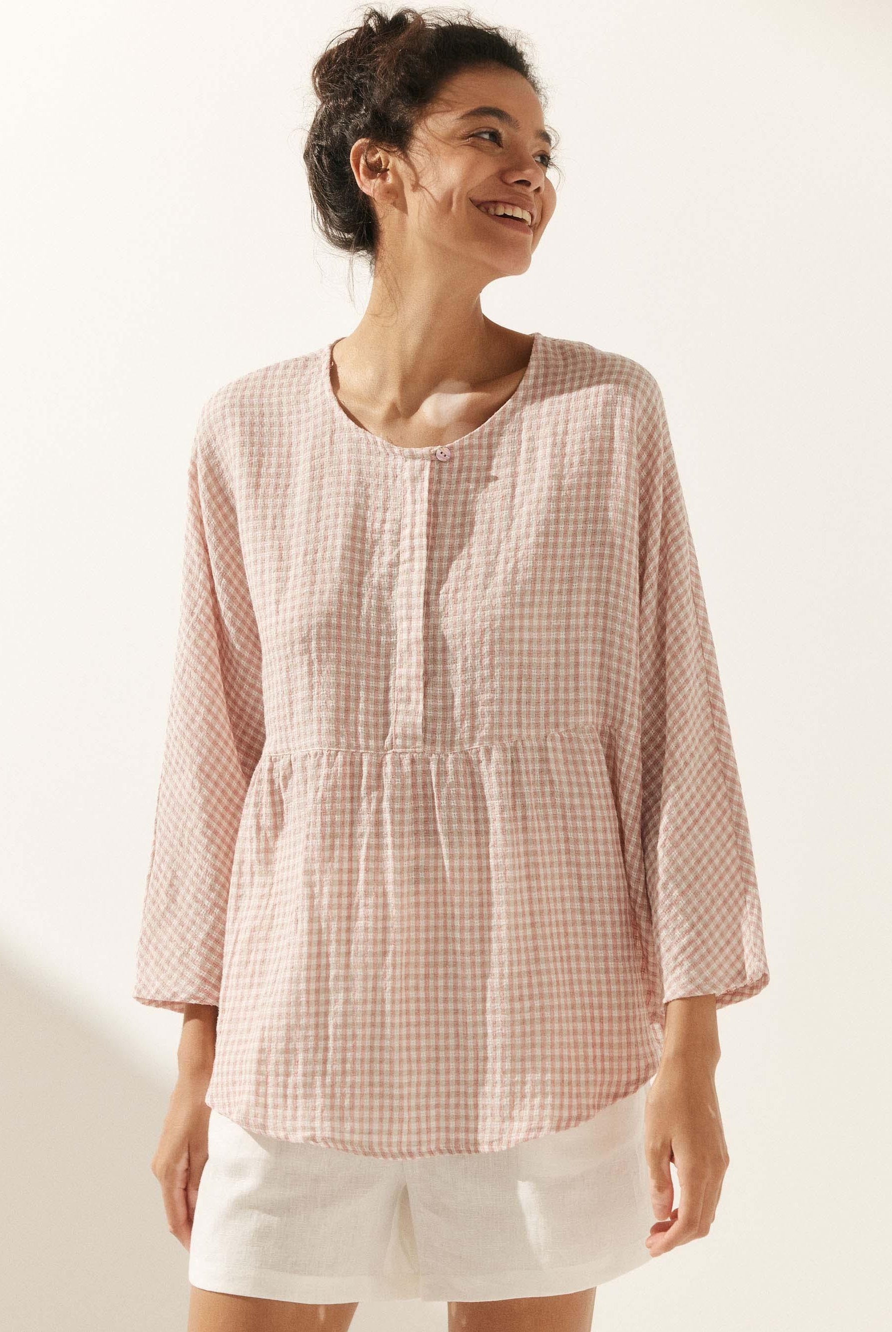 Linen Checked Long-Sleeved Top - TOPS-Linen Blouses
