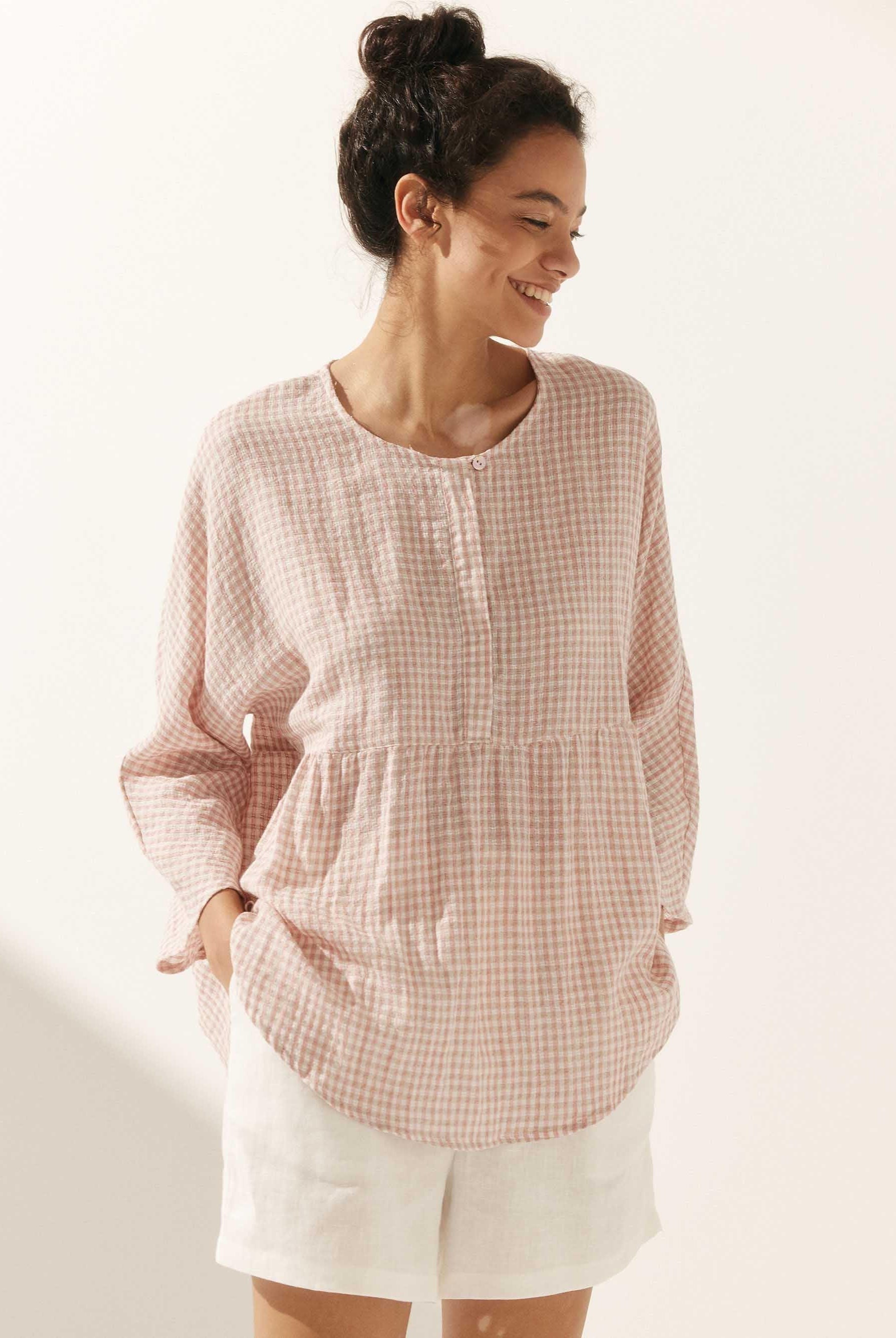 Linen Checked Long-Sleeved Top - Shell Pink / S - TOPS-Linen Blouses