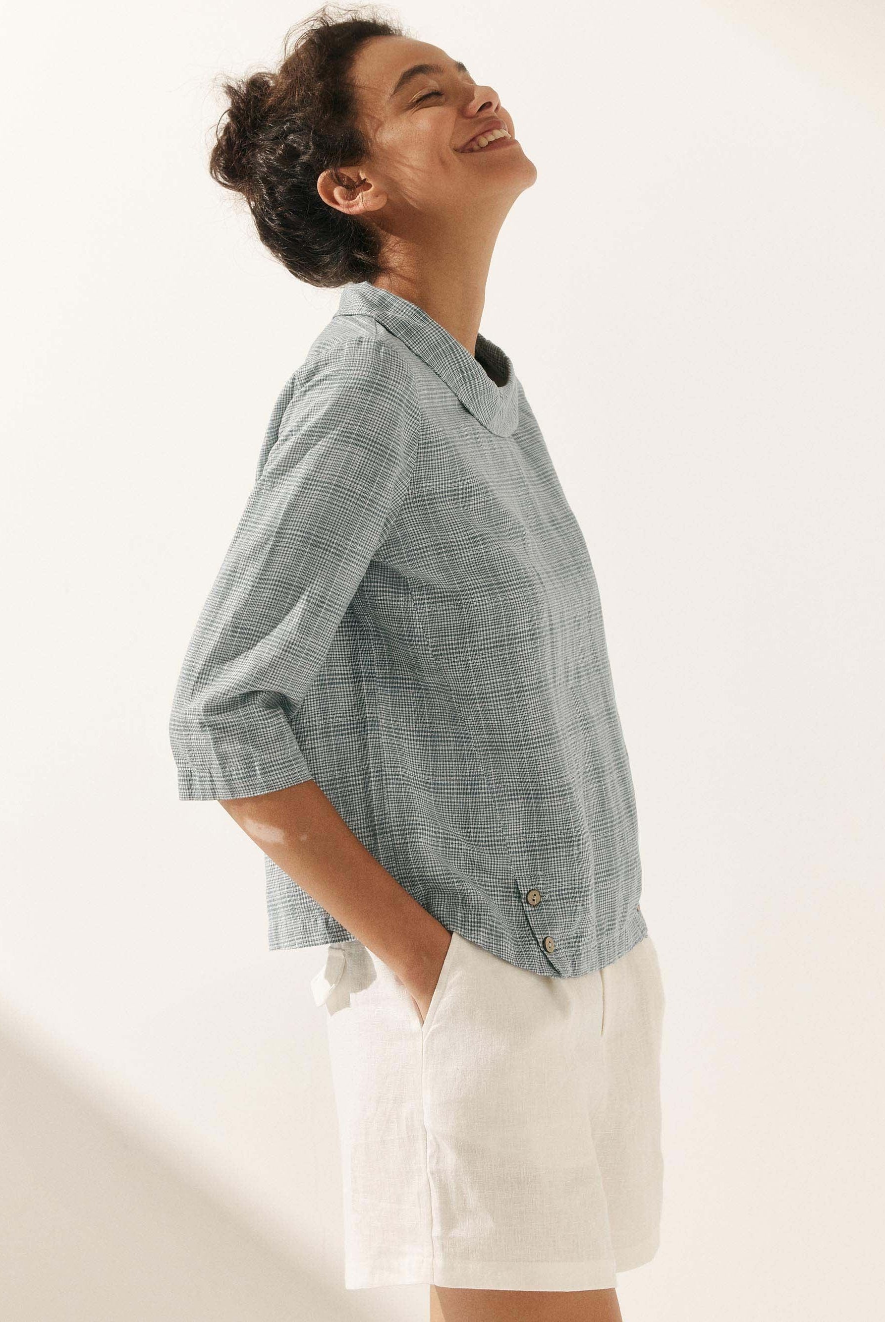 Linen Gingham Checked Round Soft-Fold Collar Top - TOPS-Linen Blouses