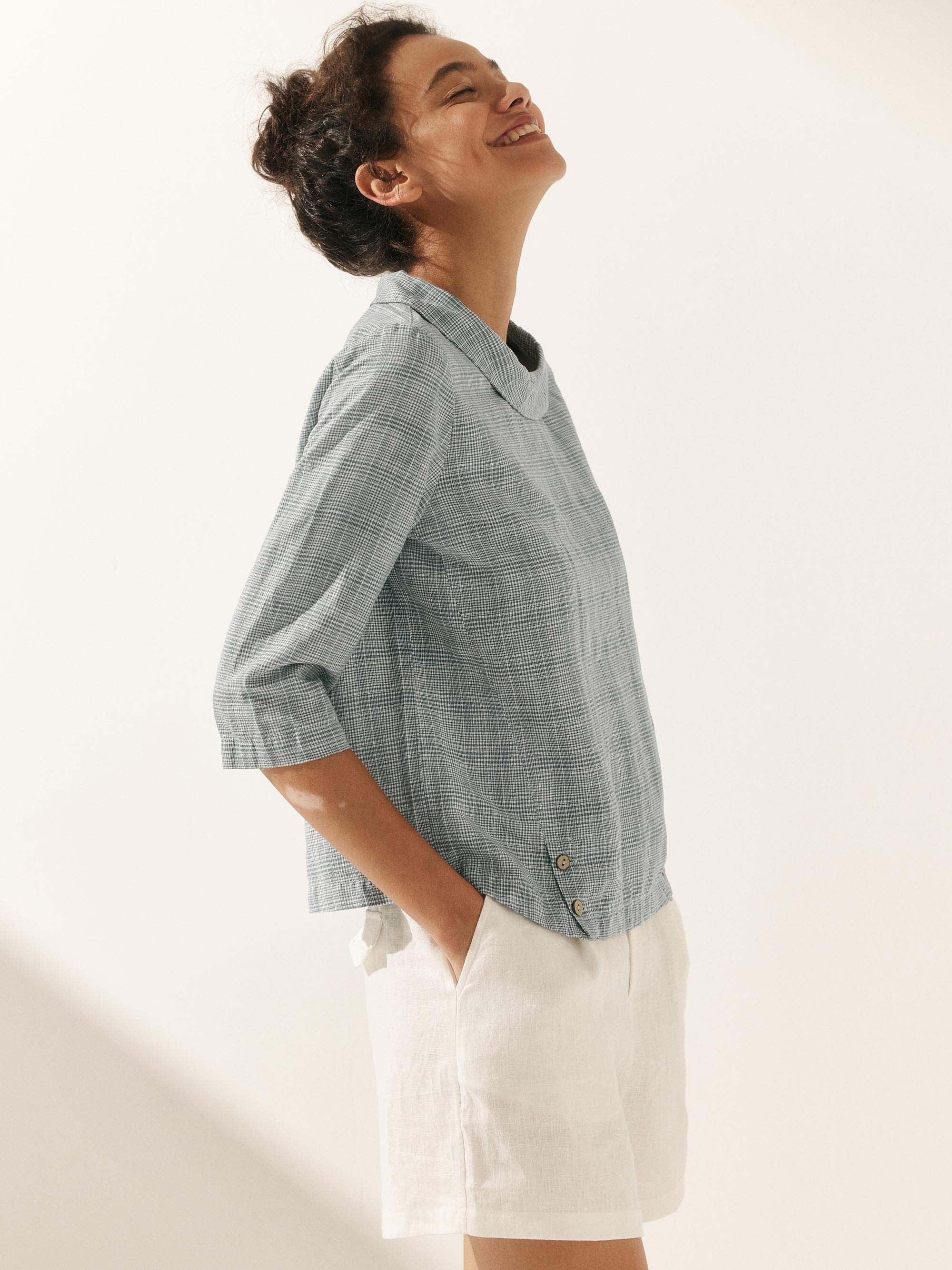 Linen Gingham Checked Round Soft-Fold Collar Top - TOPS-Linen Blouses