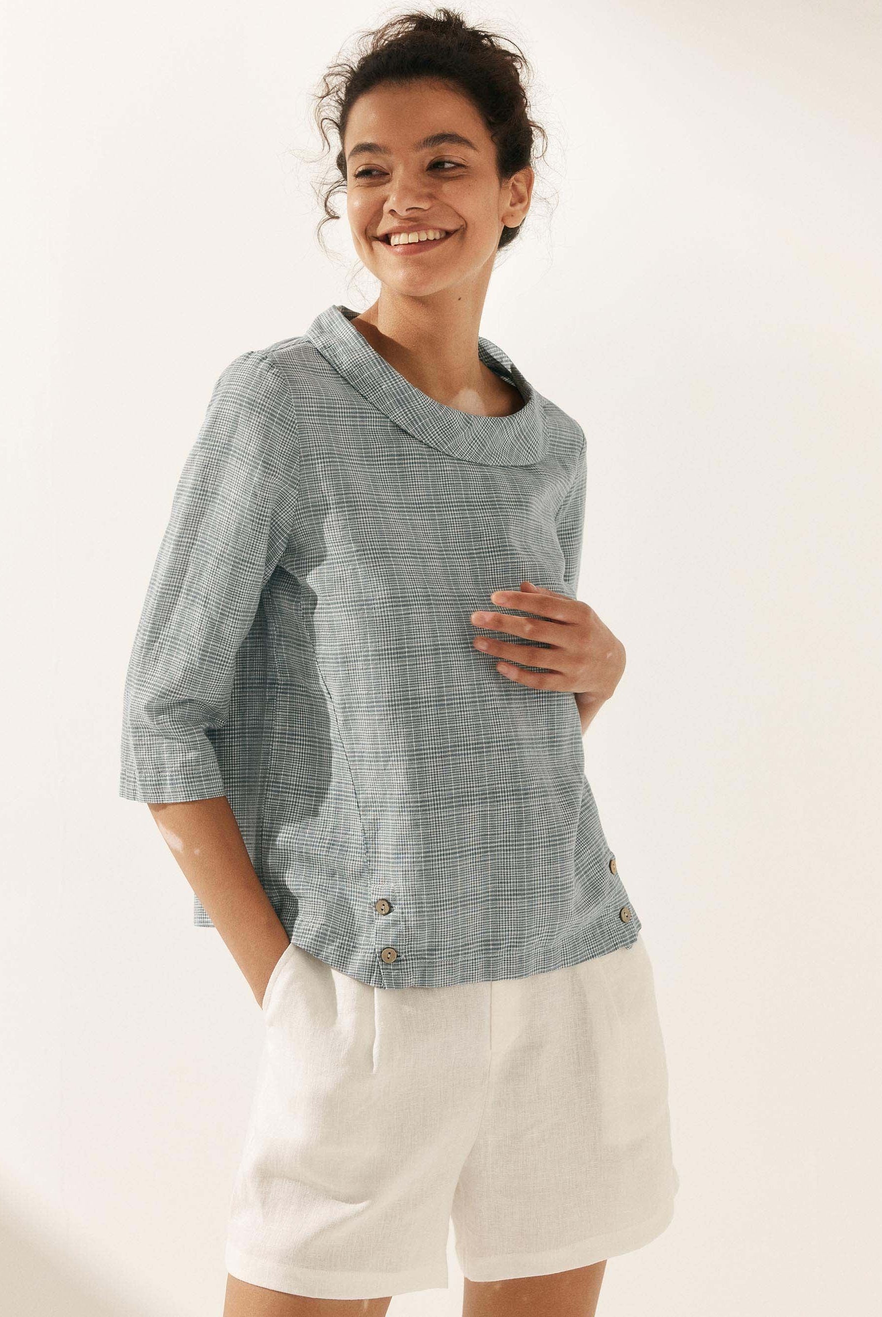 Linen Gingham Checked Round Soft-Fold Collar Top - TOPS-Linen Blouses