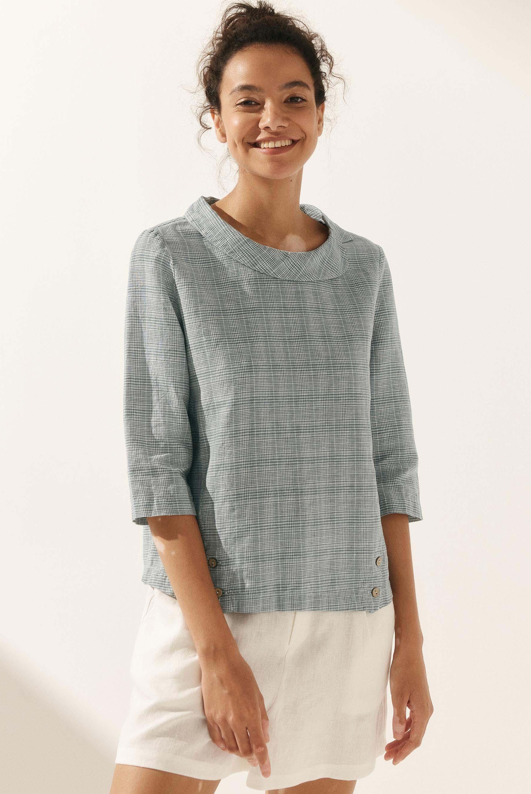 Linen Gingham Checked Round Soft-Fold Collar Top - TOPS-Linen Blouses