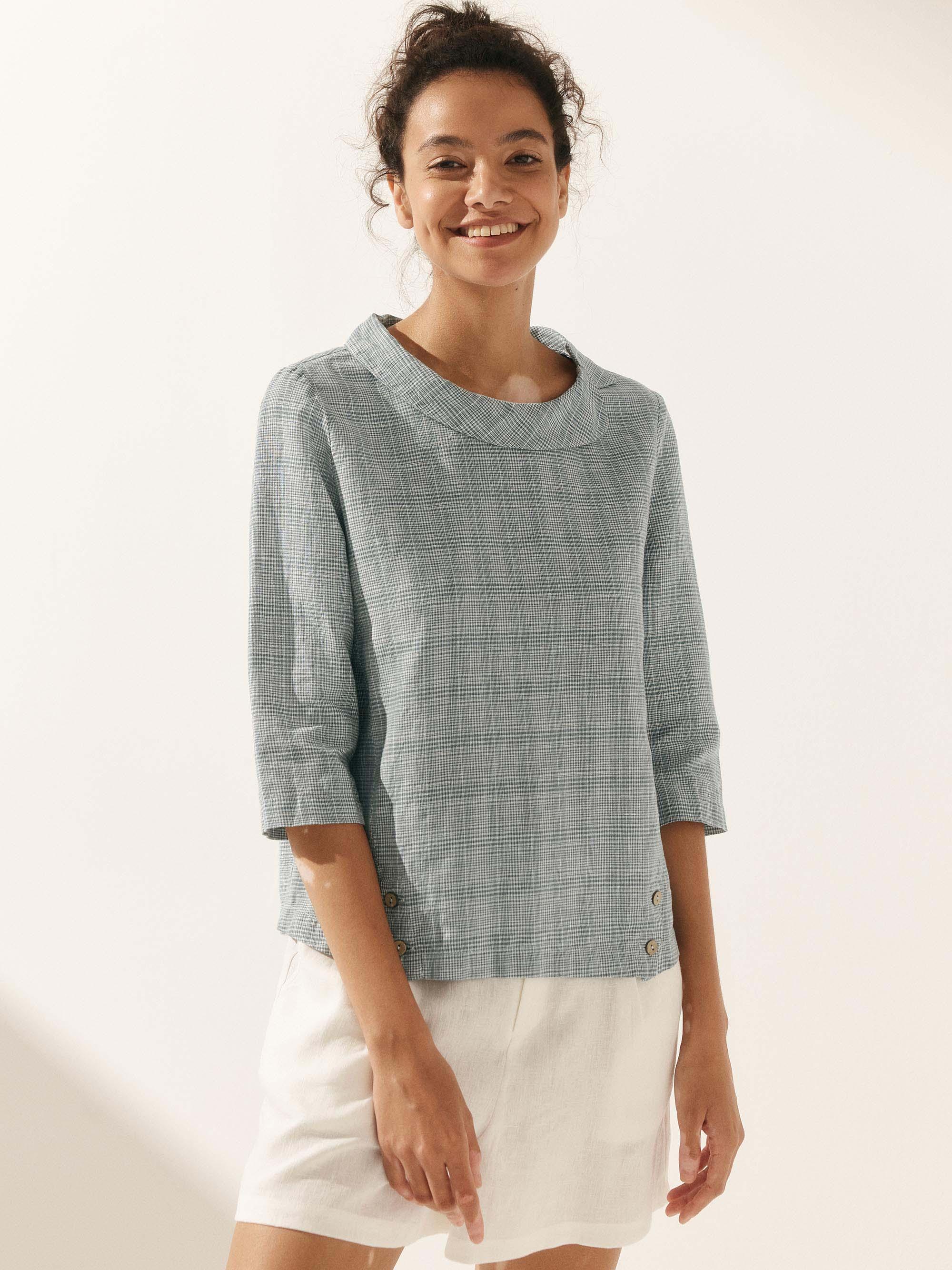 Linen Gingham Checked Round Soft-Fold Collar Top - TOPS-Linen Blouses