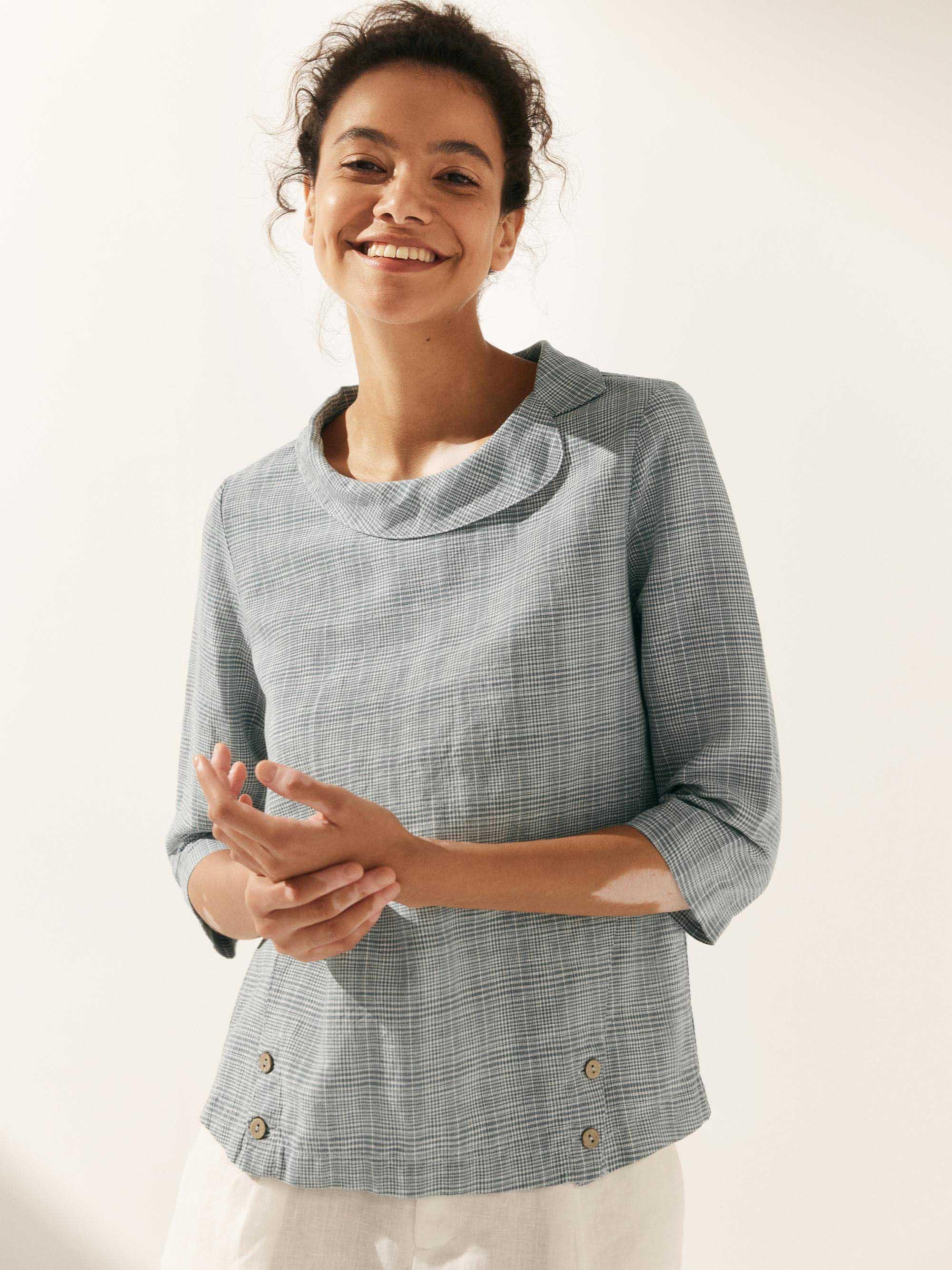 Linen Gingham Checked Round Soft-Fold Collar Top - Fog Grey Plaid / S - TOPS-Linen Blouses