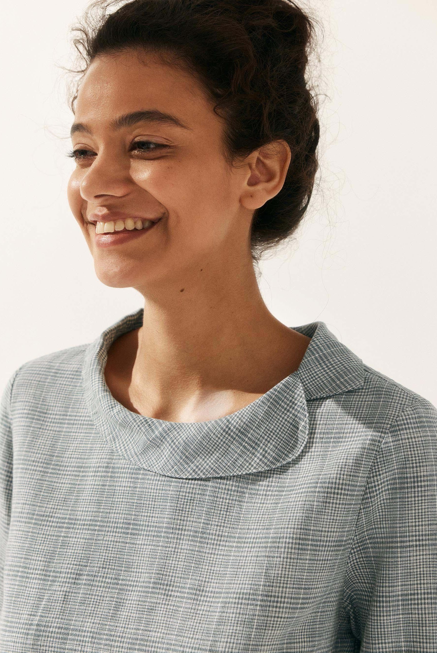 Linen Gingham Checked Round Soft-Fold Collar Top - TOPS-Linen Blouses