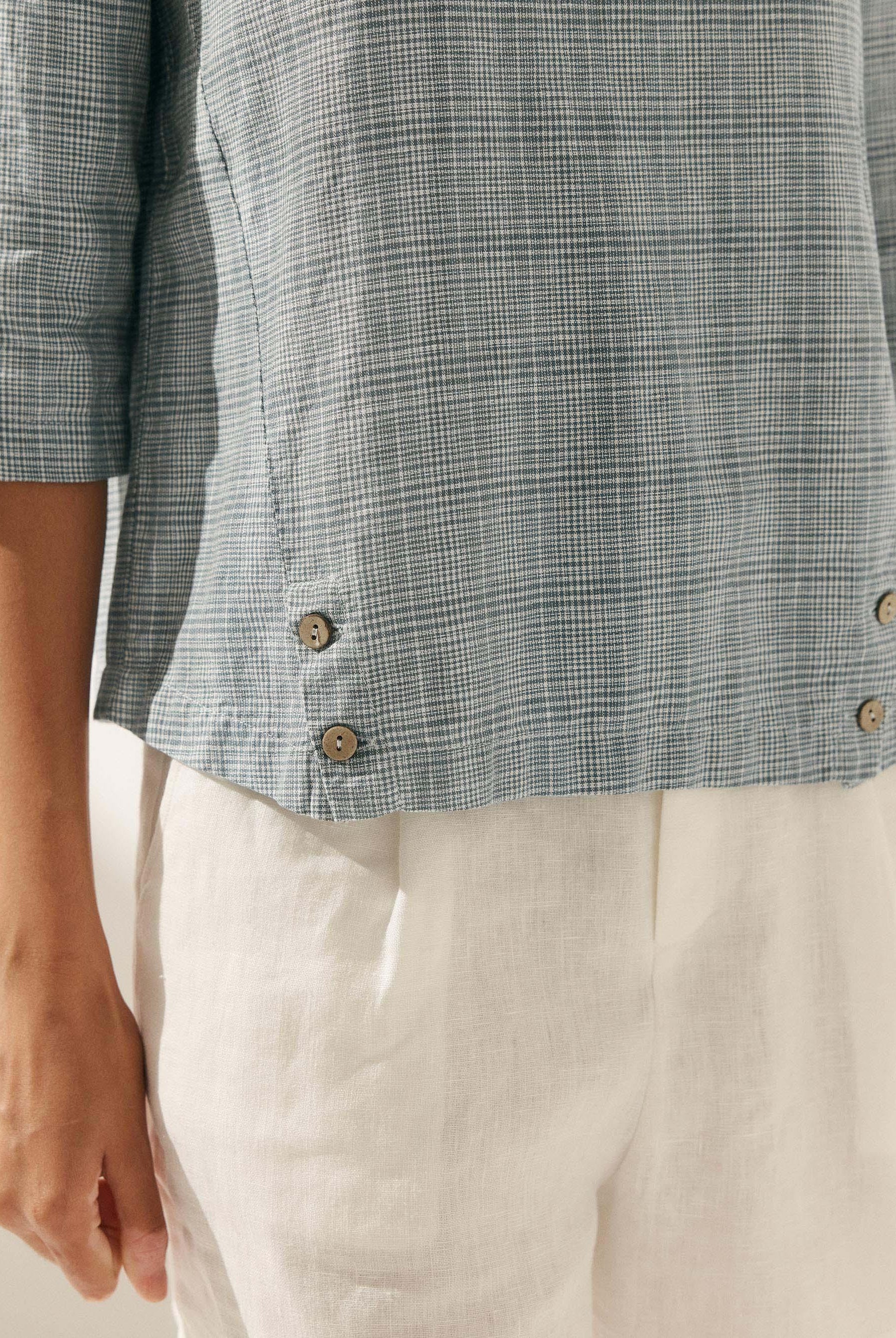 Linen Gingham Checked Round Soft-Fold Collar Top - TOPS-Linen Blouses