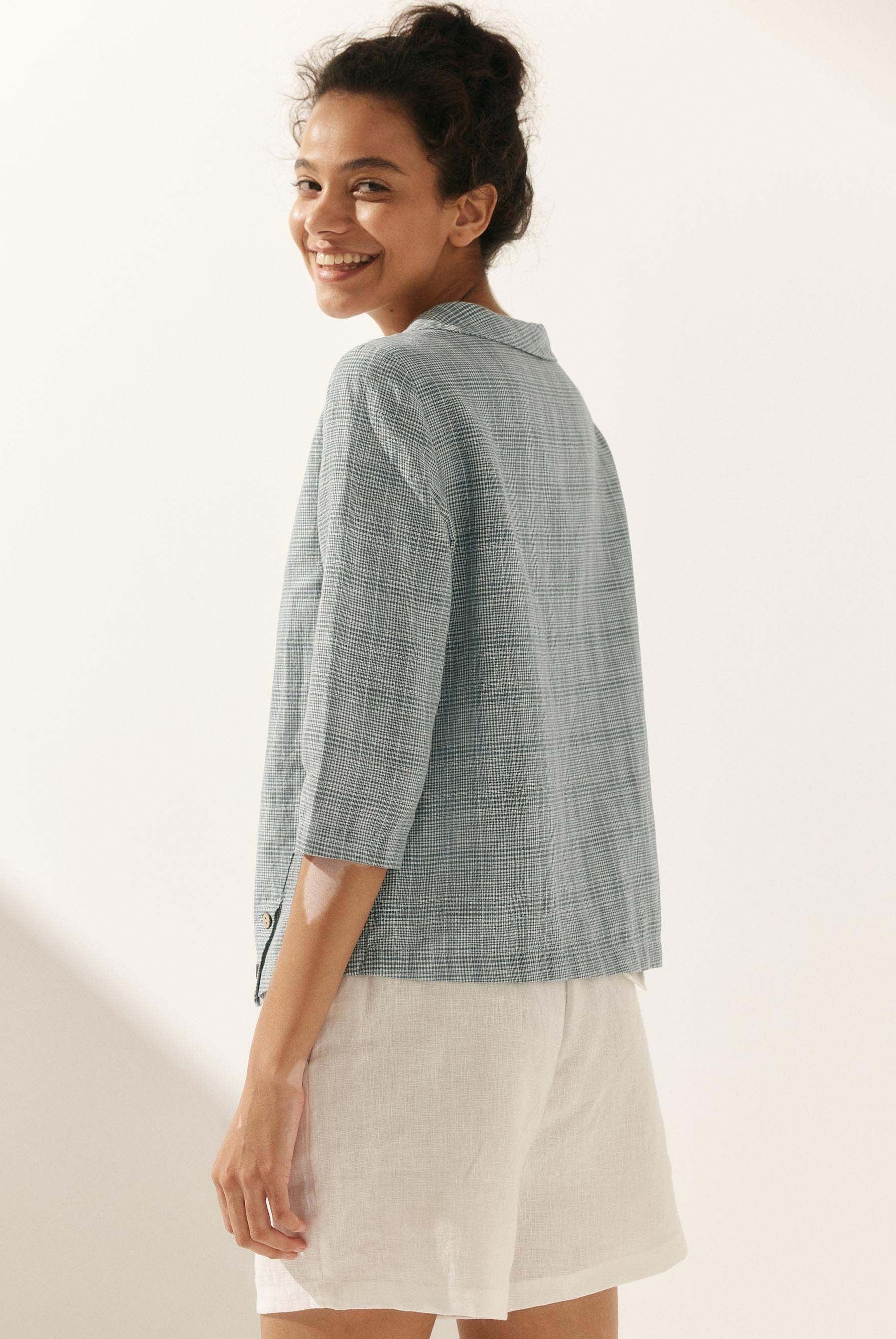 Linen Gingham Checked Round Soft-Fold Collar Top - TOPS-Linen Blouses