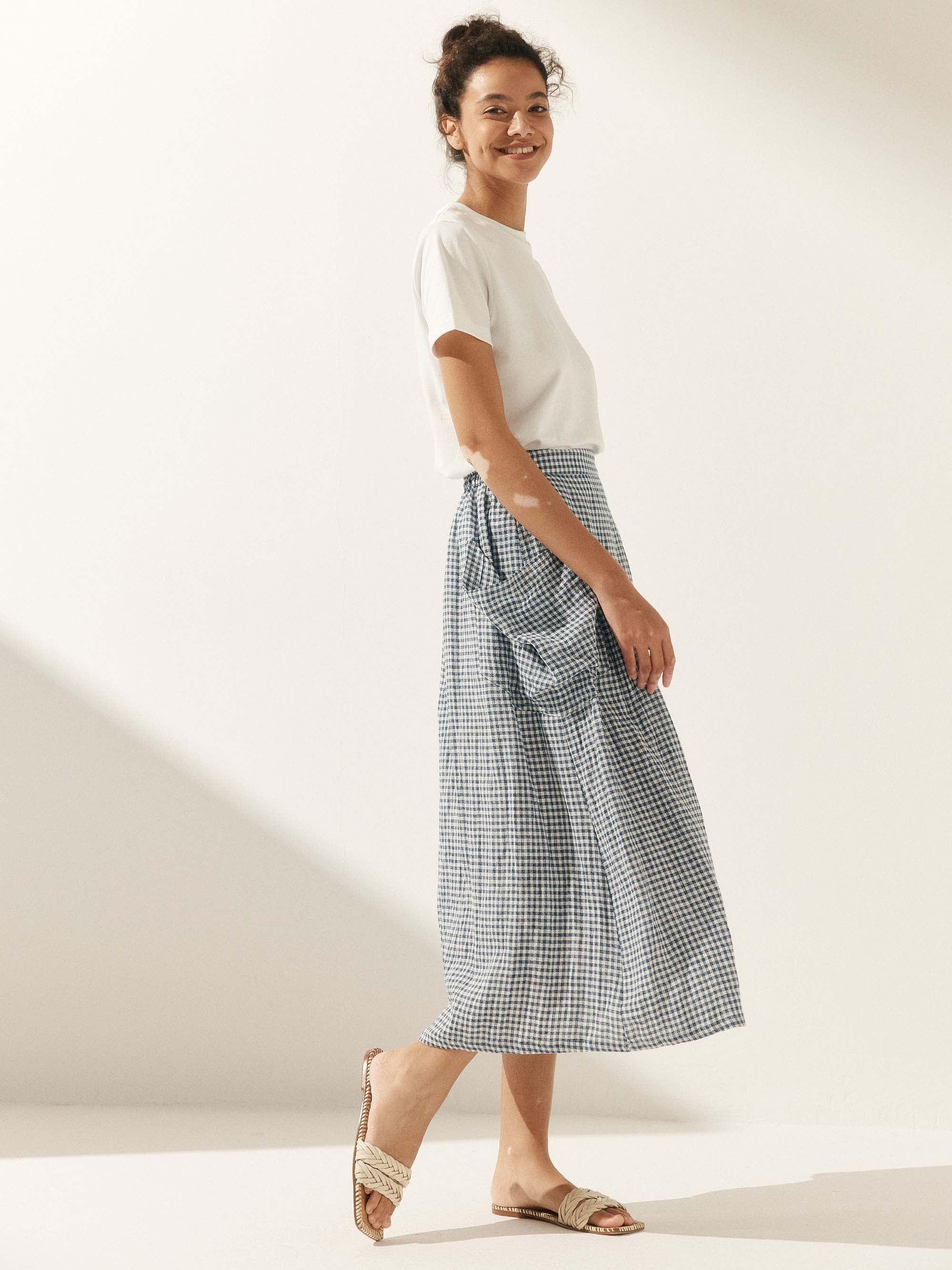 Linen Checked Elastic Waist Skirt - bottoms