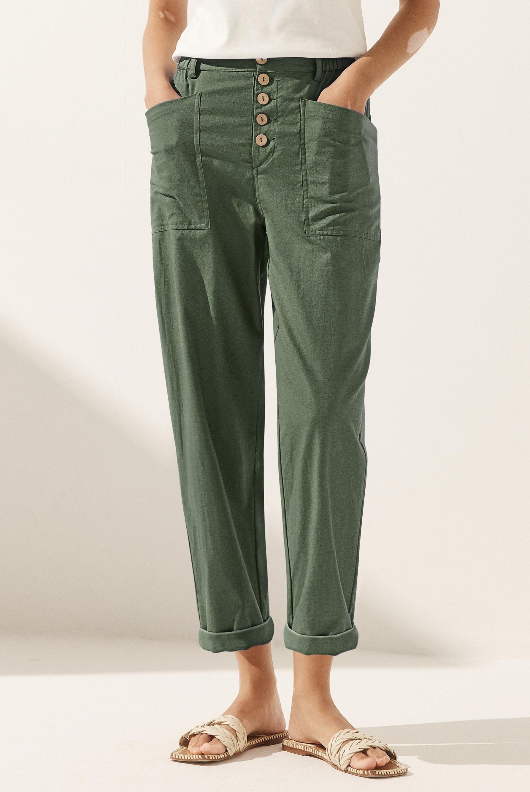 Linen Simple Button Fly Trousers HEIDI - BOTTOMS-Linen Pants
