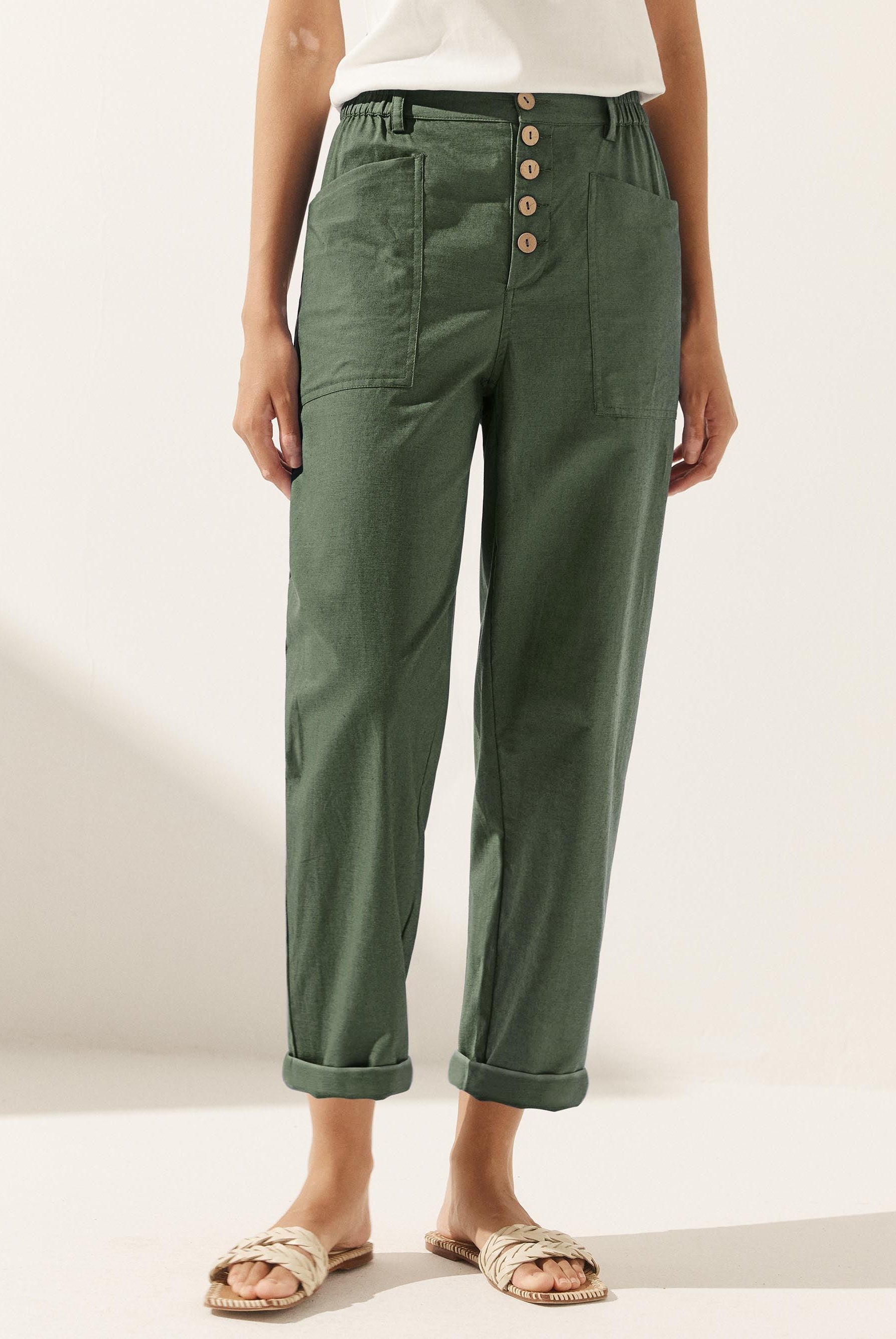 Linen Simple Button Fly Trousers HEIDI - Forest Green / XS - BOTTOMS-Linen Pants