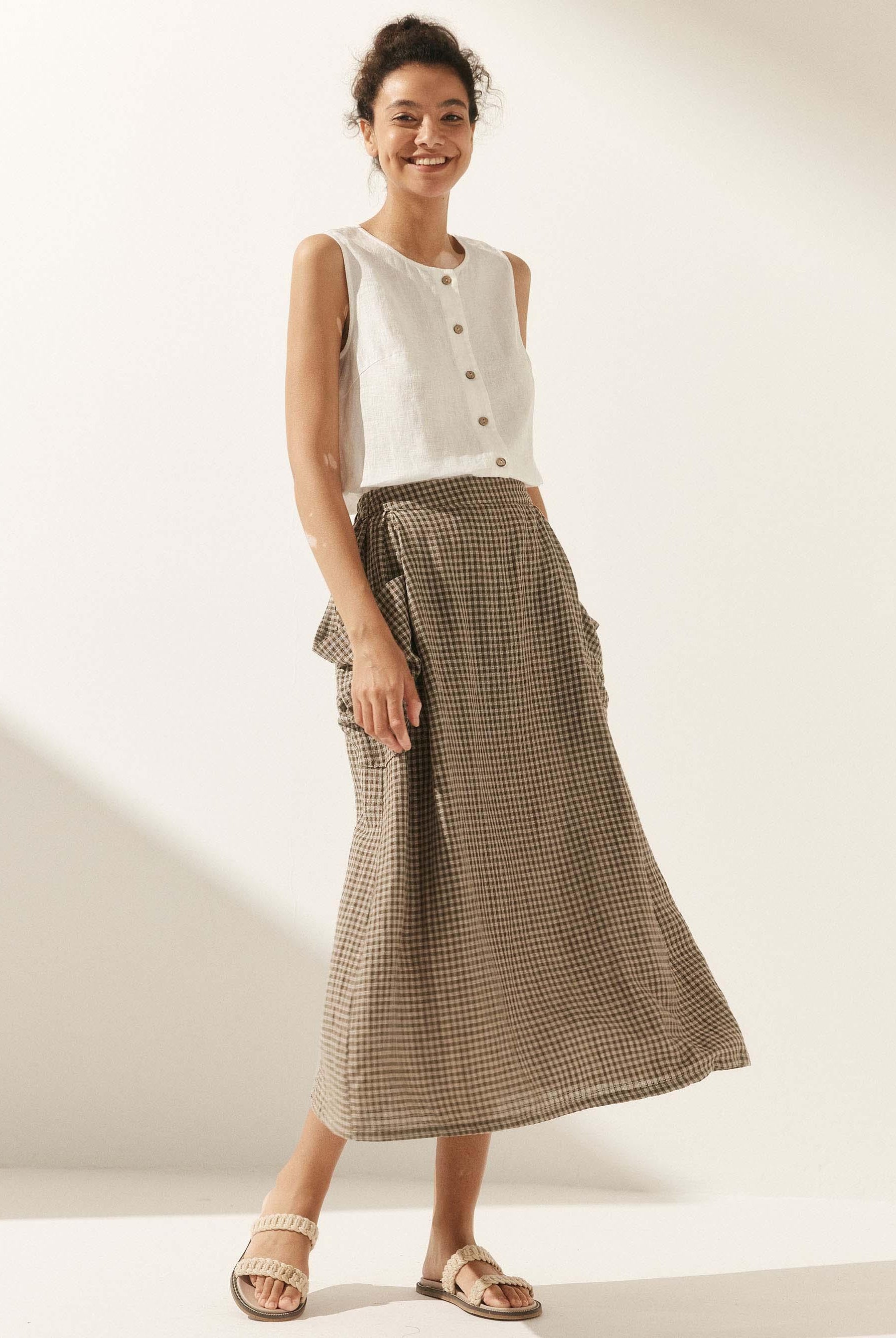 Linen Checked Elastic Waist Skirt - bottoms