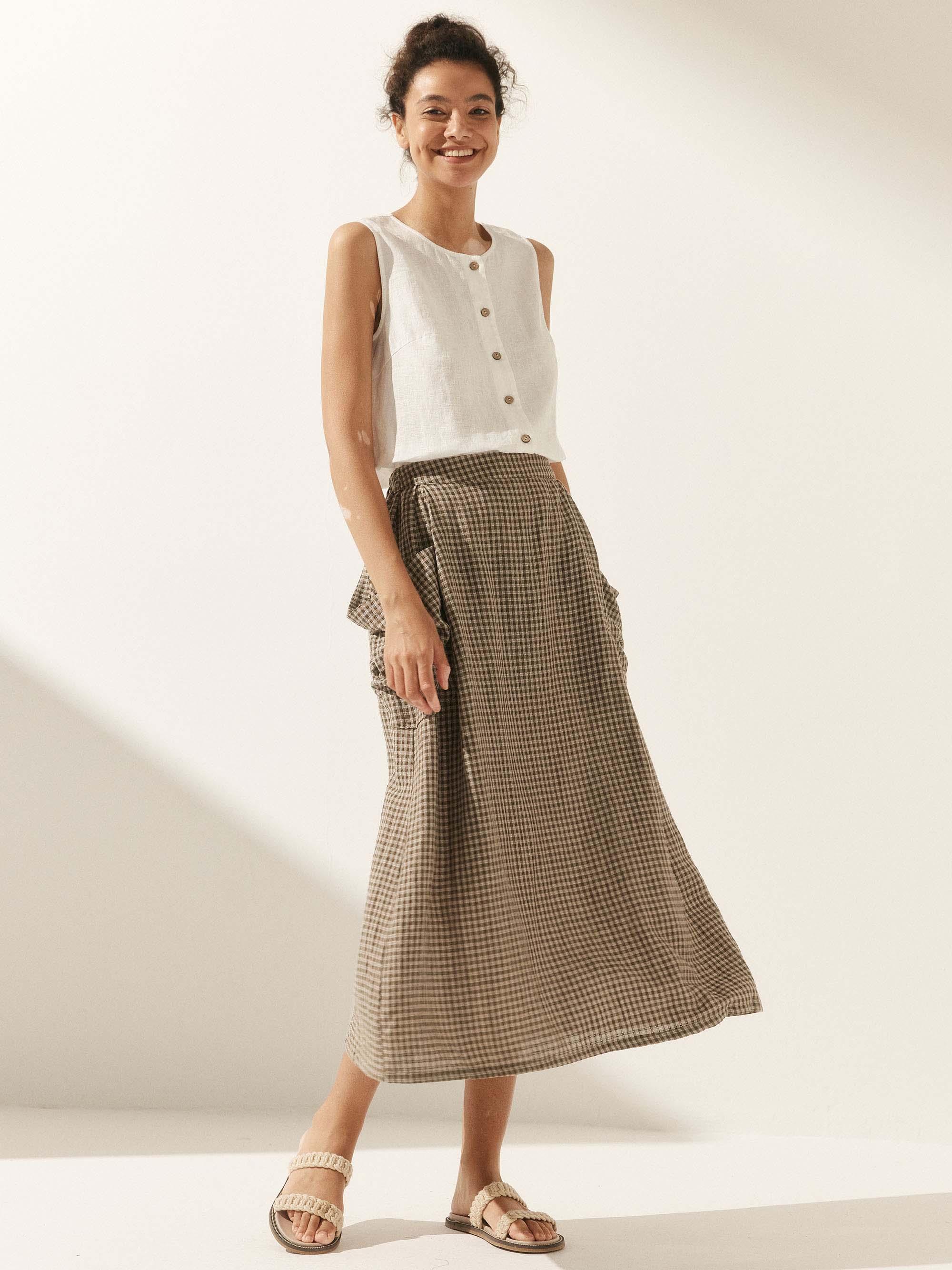 Linen Checked Elastic Waist Skirt - bottoms