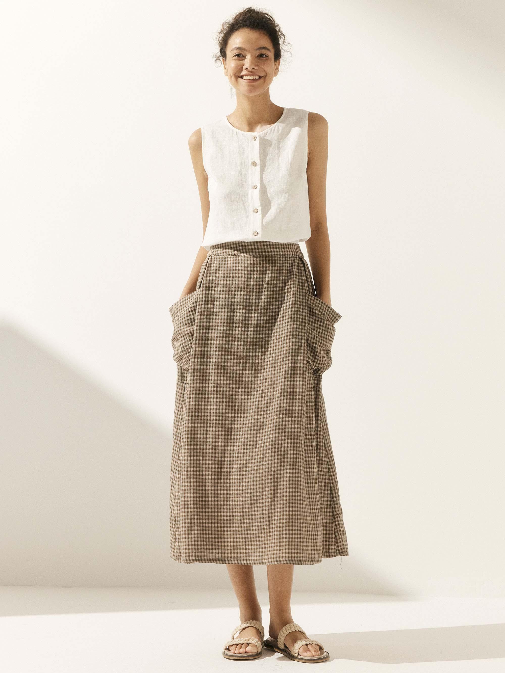 Linen Checked Elastic Waist Skirt - bottoms