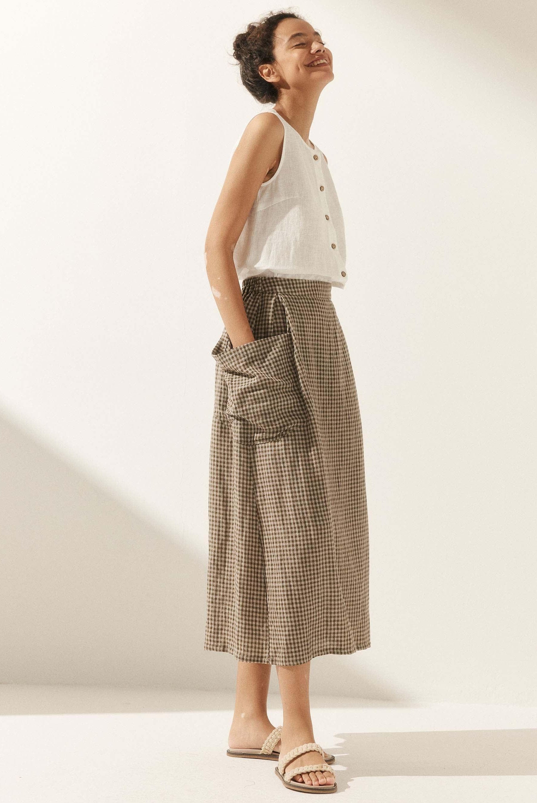 Linen Checked Elastic Waist Skirt - bottoms