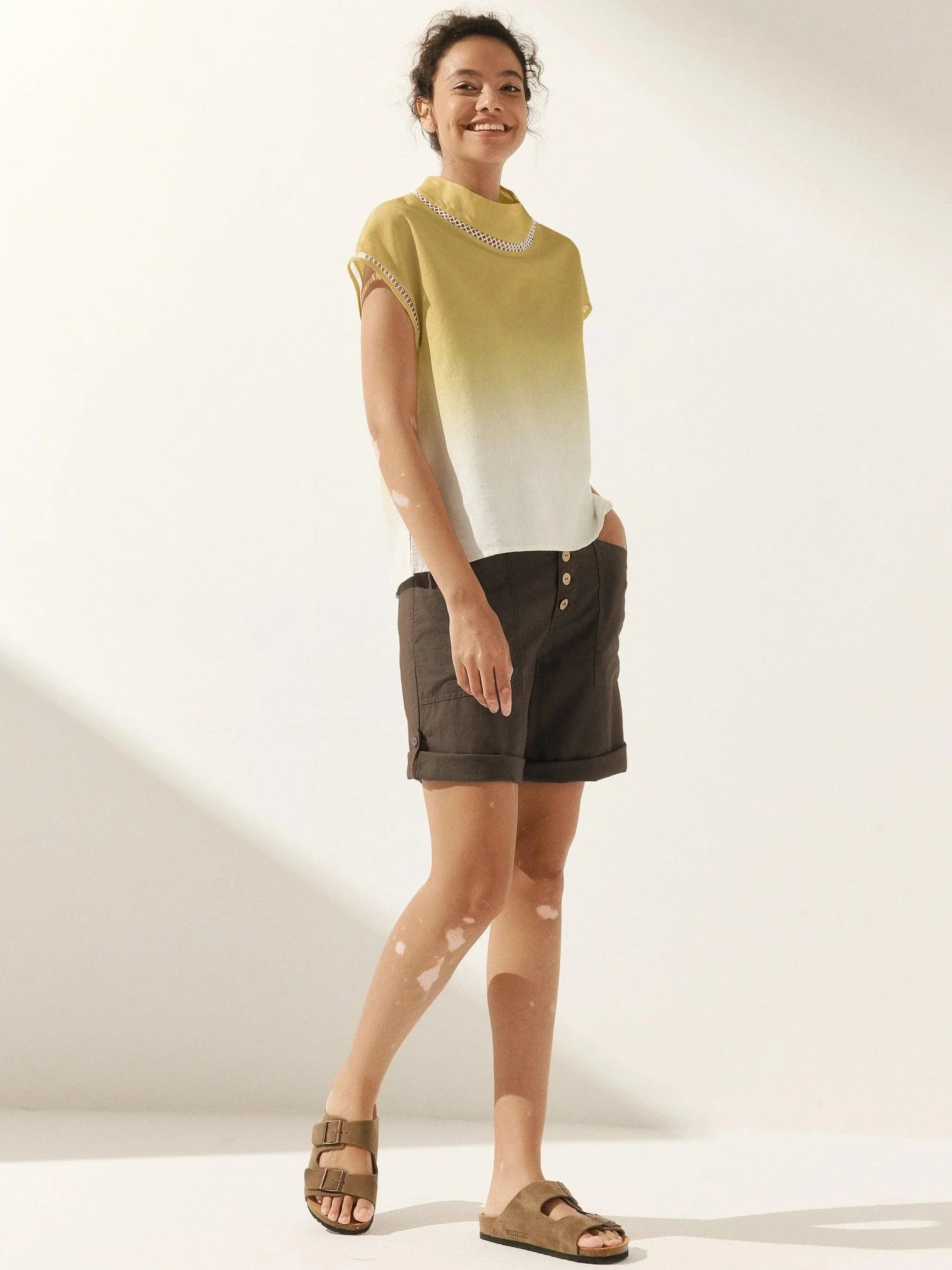 Linen Cutout Turtleneck Top - TOPS-Linen Blouses