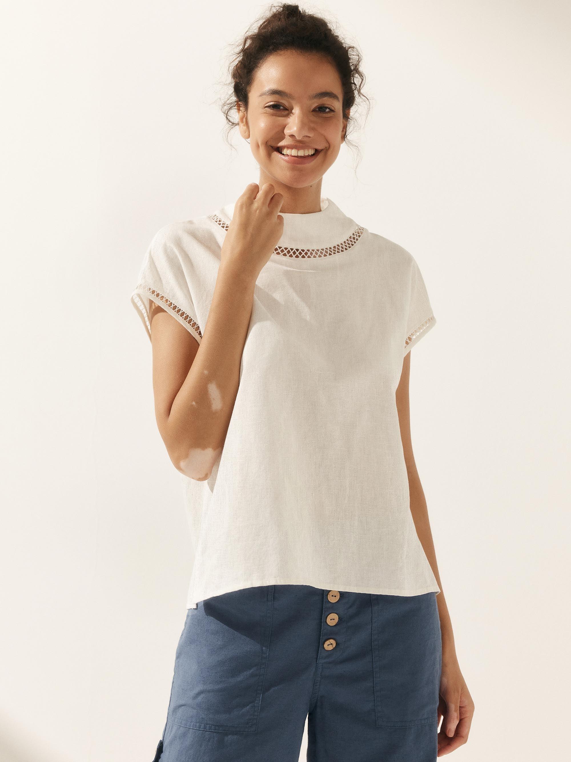 Linen Cutout Turtleneck Top - TOPS-Linen Blouses