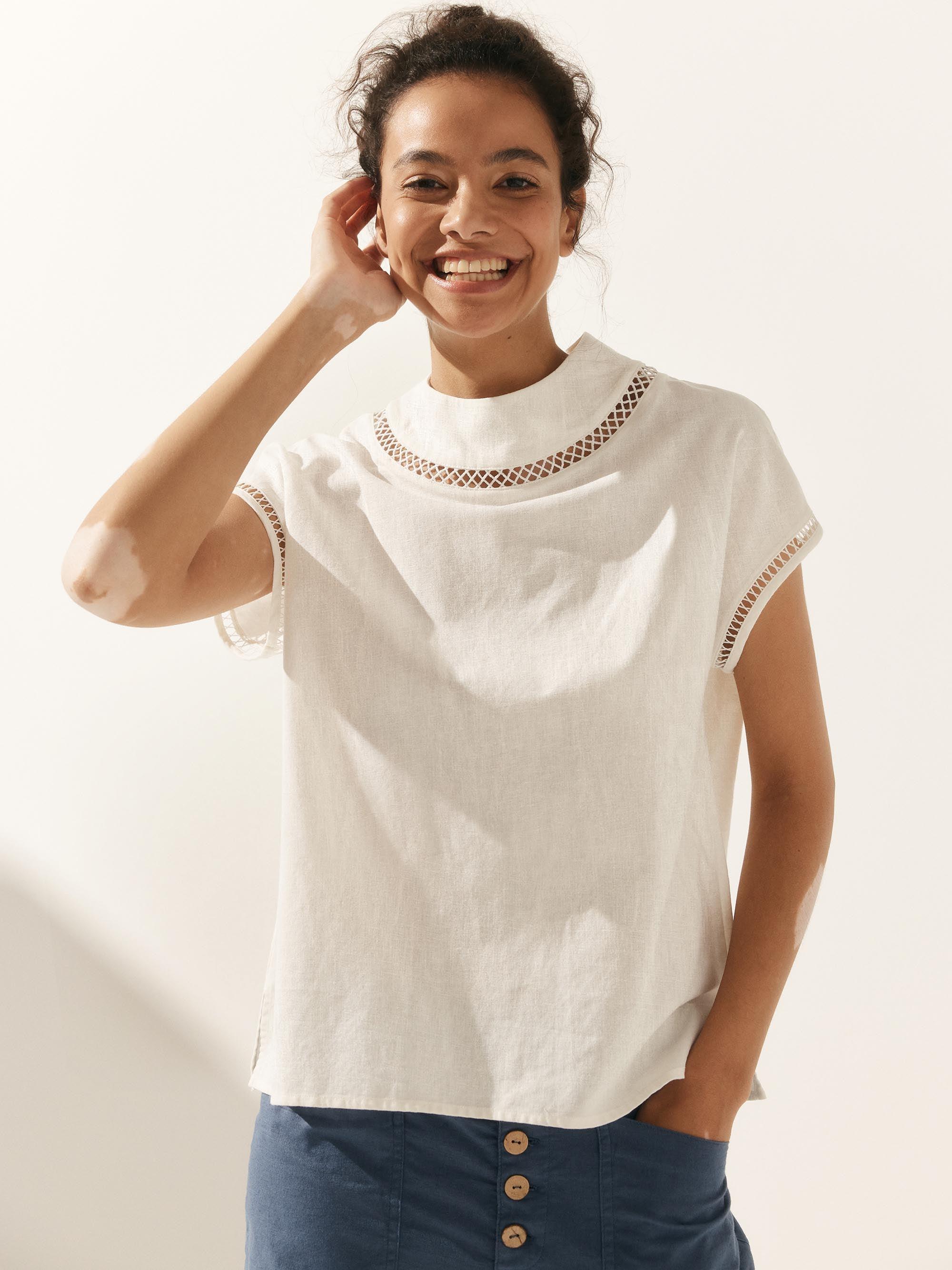 Linen Cutout Turtleneck Top - Optic White / XS - TOPS-Linen Blouses
