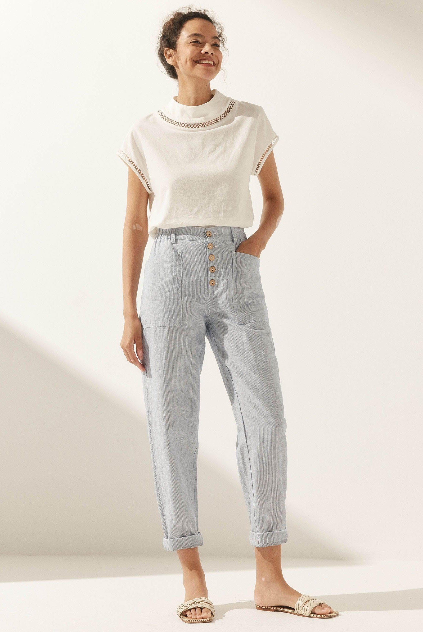 Linen Simple Button Fly Trousers HEIDI - BOTTOMS-Linen Pants