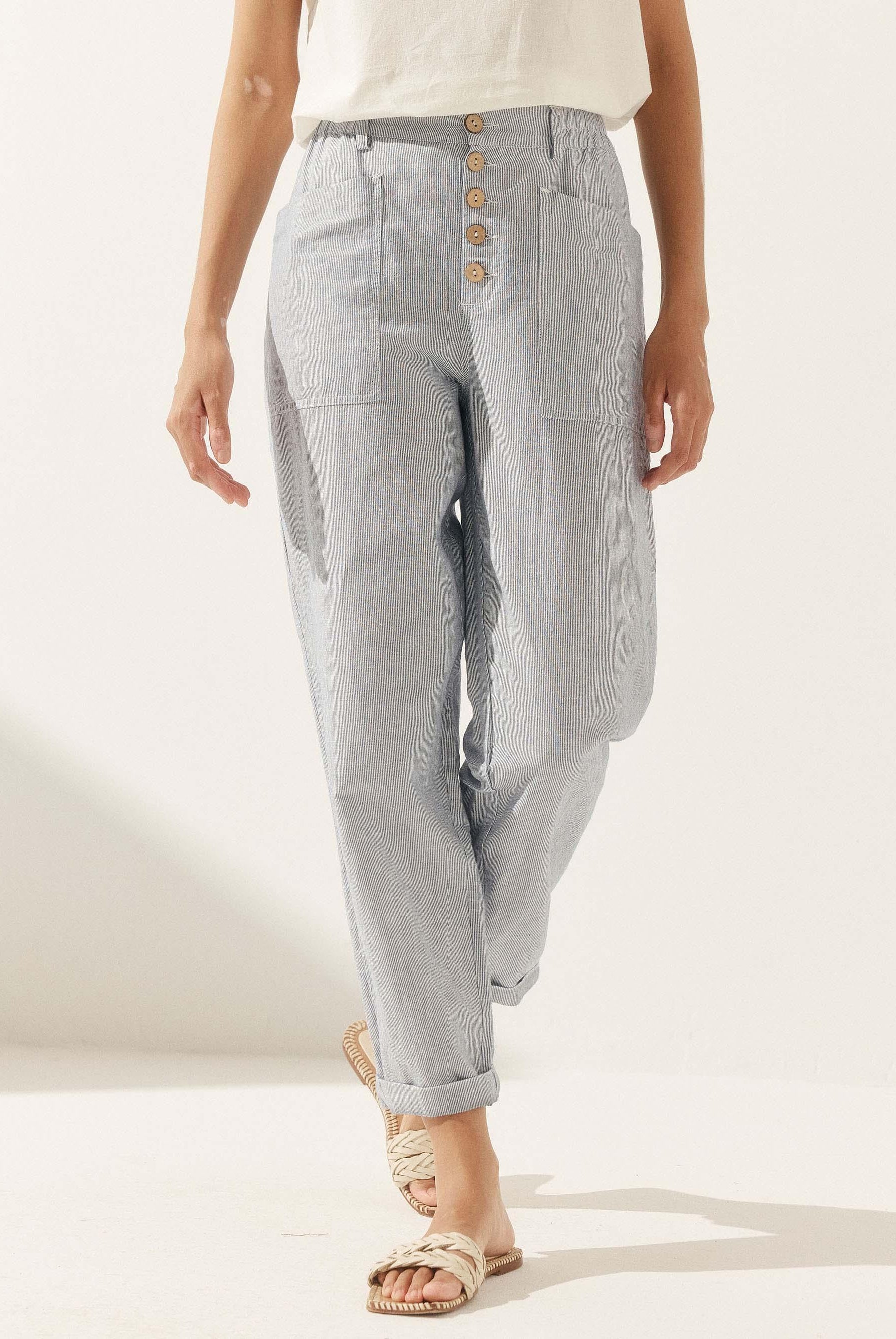 Linen Simple Button Fly Trousers HEIDI - BOTTOMS-Linen Pants
