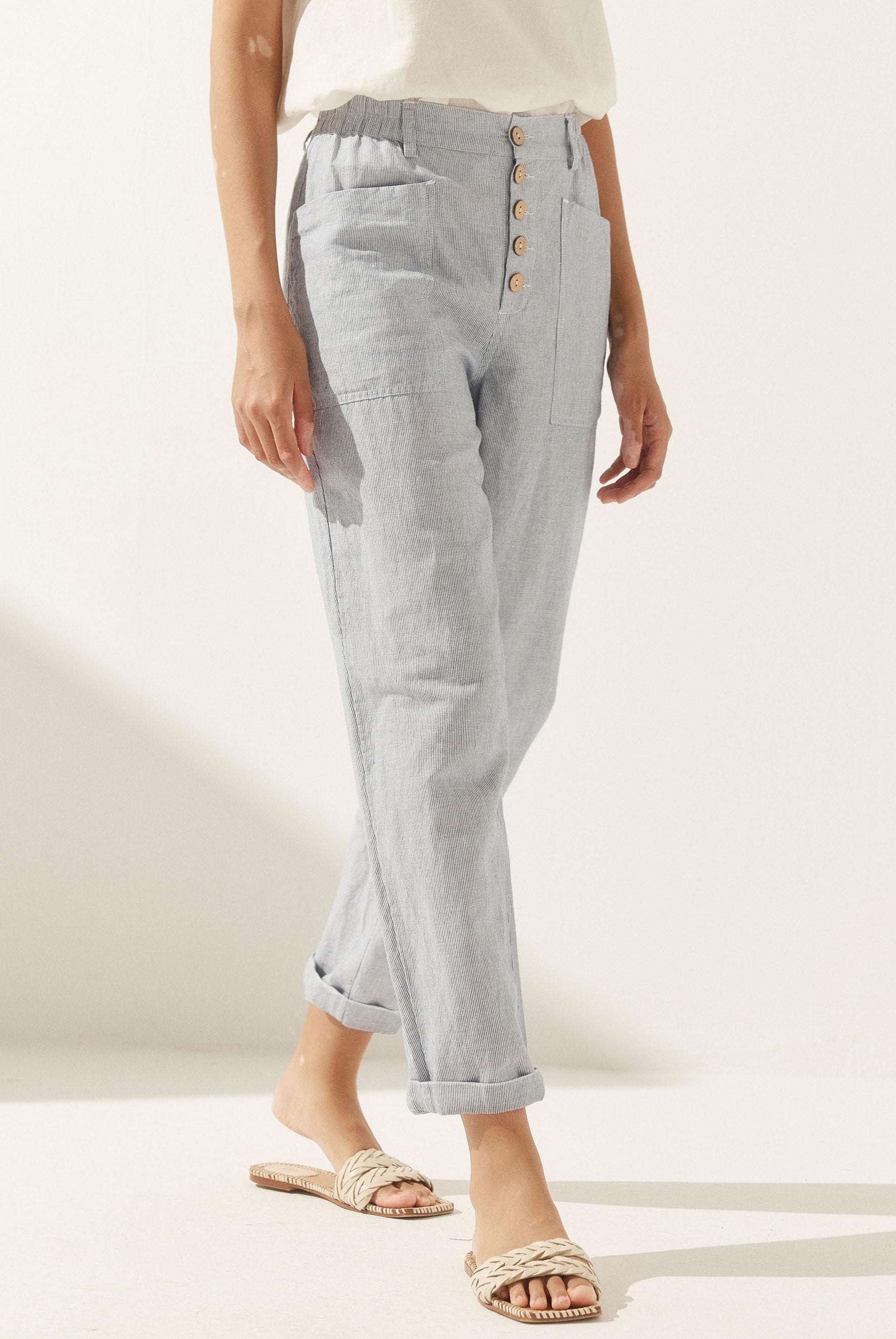 Linen Simple Button Fly Trousers HEIDI - BOTTOMS-Linen Pants