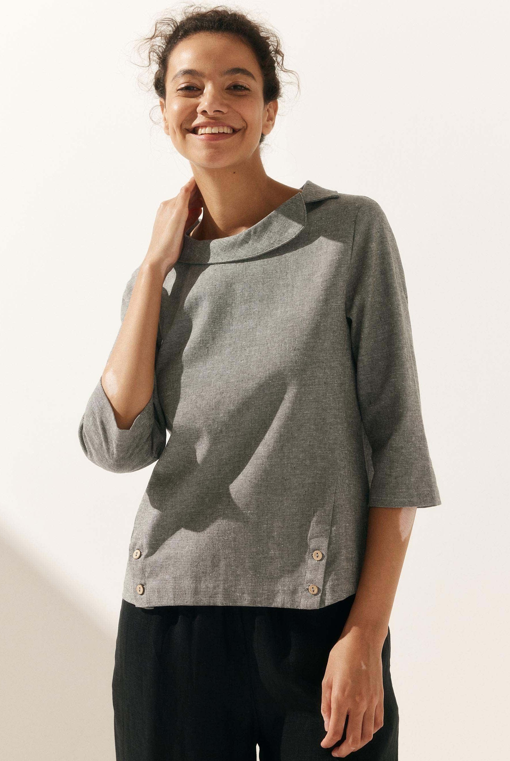 Linen Gingham Checked Round Soft-Fold Collar Top - TOPS-Linen Blouses