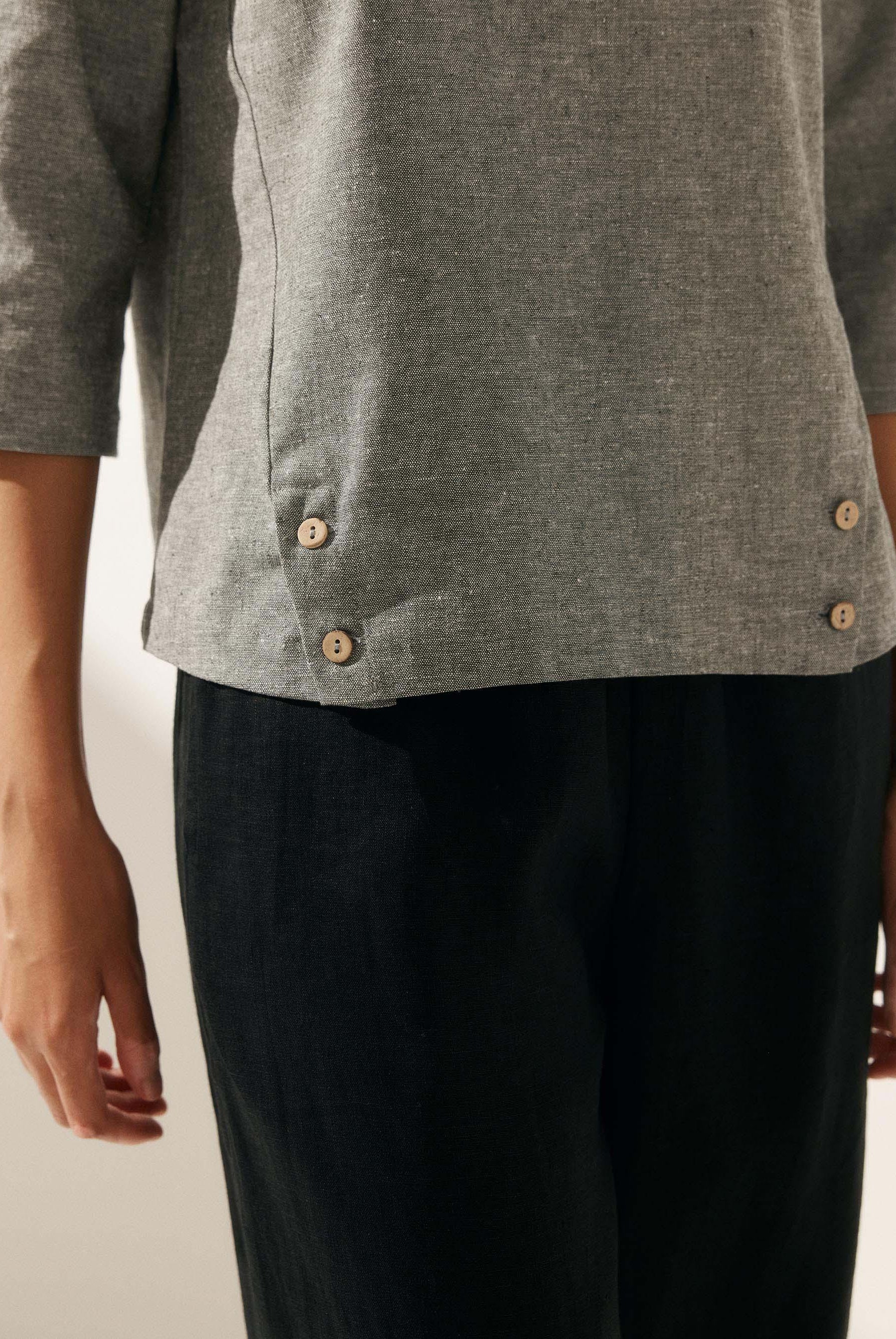 Linen Gingham Checked Round Soft-Fold Collar Top - TOPS-Linen Blouses